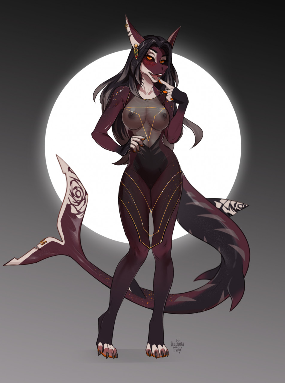 2022 4_toes 5_fingers anthro areola ariannafray_pr biped black_hair black_sclera breasts digital_media_(artwork) digitigrade ear_piercing ear_ring feet female fin fingers fish hair hi_res looking_at_viewer marine nipples non-mammal_breasts open_mouth piercing red_eyes ring_piercing shark simple_background smile solo standing teeth toes tongue