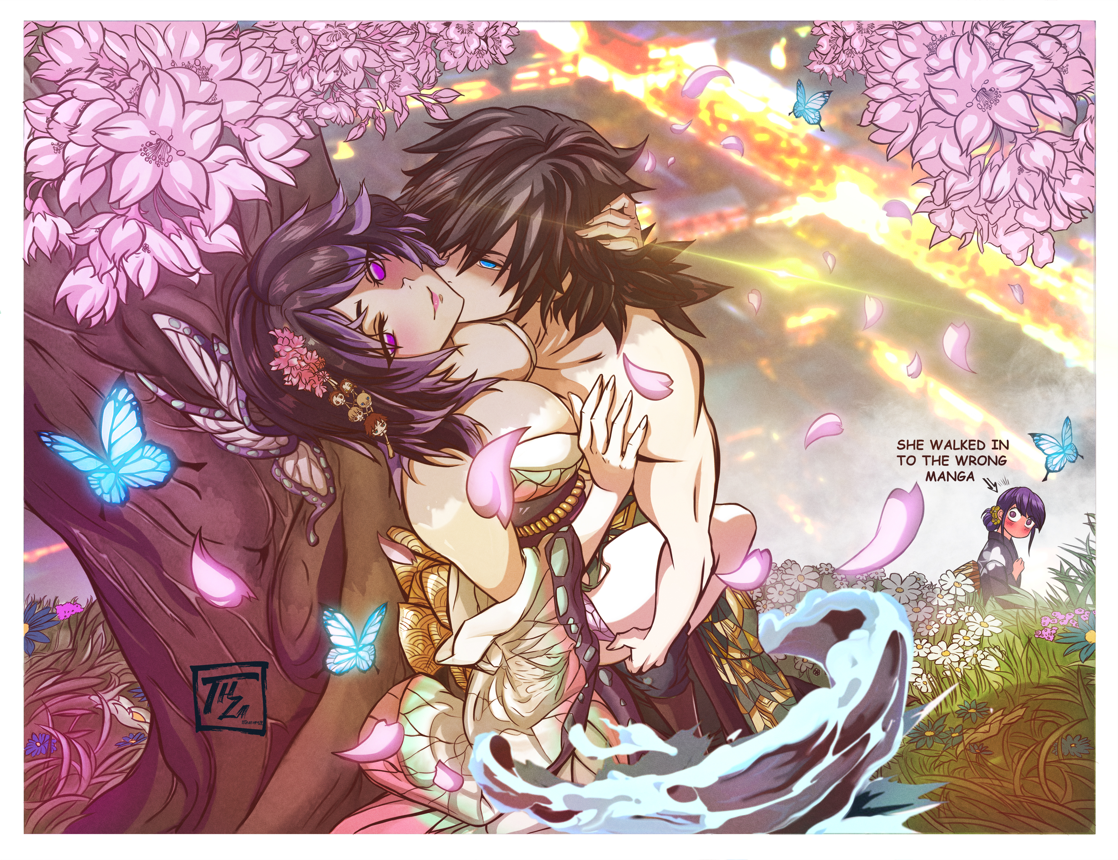 1boy, 1girls, alternate costume, ambiguous penetration, background character, bare shoulders, big breasts, black hair, black-haired male, blush, breasts, butterfly hair ornament, carrying partner, crossover, demon slayer, detailed background, embrace, female, hair ornament, hand on another's head, haori, hi res, high-angle view, implied sex, kimetsu no yaiba, kimono, kochou shinobu, komi shouko, komi-san wa komyushou desu, looking at viewer, male, male/female, obi, outercourse, outside, petals, purple eyes, purple hair, purple-haired female, romantic, romantic ambiance, smile, sparxanders, stand and carry position, tomioka giyuu, topless male, two-tone hair