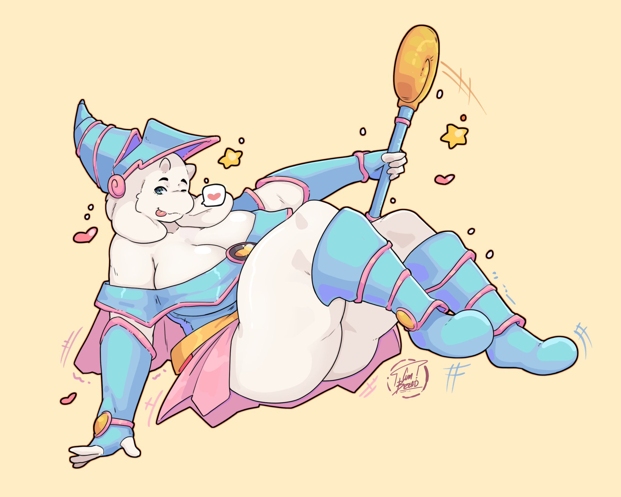 1girls, 2d, absolute territory, ass, big ass, big breasts, breasts, caprine, cleavage, cosplay, cumbread, dark magician girl (cosplay), female, female only, furry, goat, horn, horns, looking at viewer, smile, solo, solo female, staff, thick thighs, tongue, tongue out, toriel, undertale, undertale (series), white body, white fur, wink, yu-gi-oh!