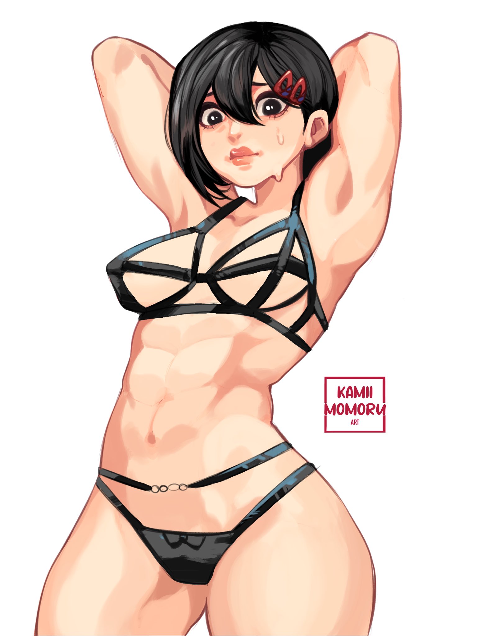 armpit, armpits, arms behind head, arms up, belly, belly button, bikini, black hair, blush, breasts, chainsaw man, cute, embarrassed, embarrassed underwear female, female, higashiyama kobeni, kamii momoru, petite, revealing clothes, shy, sweat, sweatdrop, sweating, swimsuit, swimwear, tagme, thick, thick thighs, thighs, trying on clothes, tummy