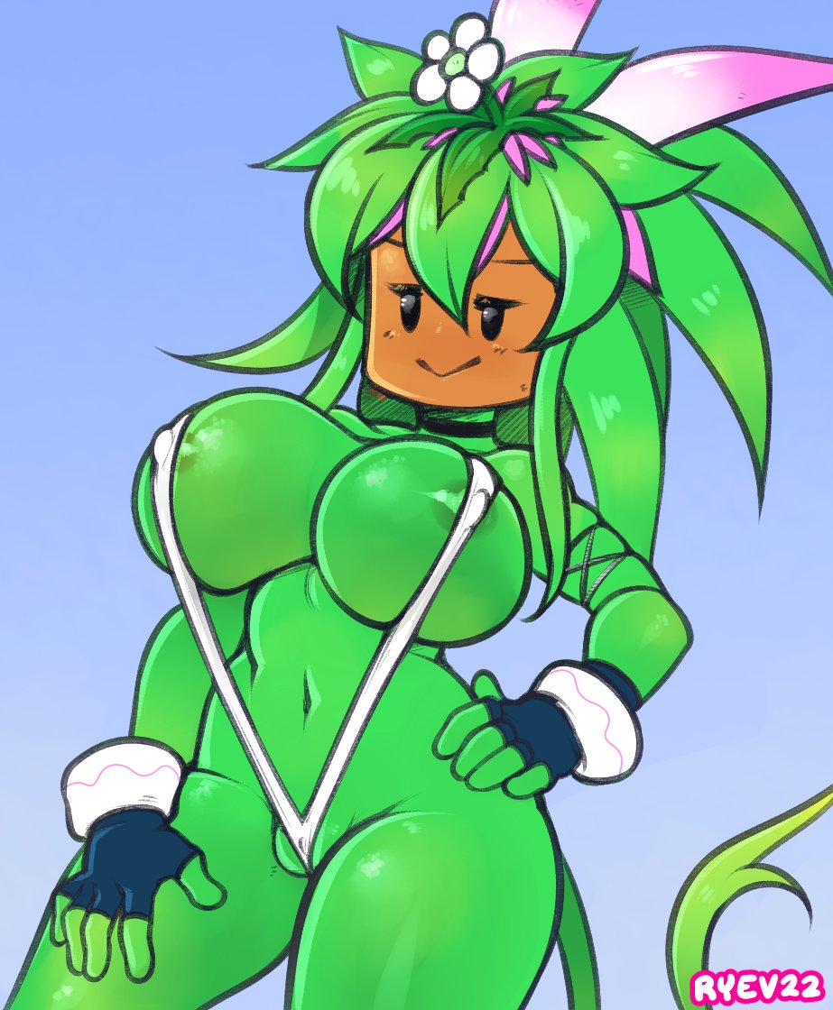 1girls areola_slip black_eyes blaster_master blaster_master_zero_2 breasts cameltoe choker dark_ryev female female_only fingerless_gloves flower flower_girl flower_in_hair green_body kanna_(blaster_master) mob_face narrowed_eyes nipple_bulge plantie ryev sling_bikini smile solo solo_female