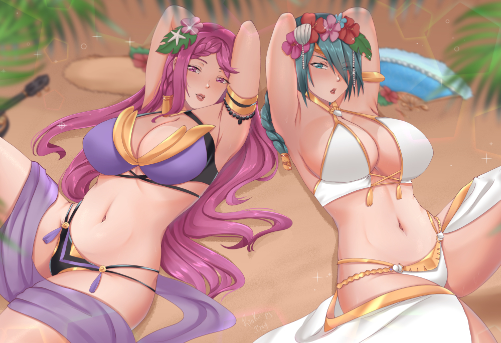 2girls alternate_costume armpits arms_behind_head bare_thighs beach bikini black_bikini black_swimsuit braid braided_ponytail cleavage fan female female_only fire_emblem fire_emblem_heroes flower green_eyes green_hair hair_flower instrument large_breasts lips loki_(fire_emblem) loki_(summer)_(fire_emblem) long_hair looking_at_viewer medium_hair multiple_girls nintendo official_alternate_costume open_mouth outdoors ponytail purple_bikini purple_eyes purple_hair purple_swimsuit rinku_bny sarong sideboob smile swimsuit thick_thighs thighs thorr_(fire_emblem) thorr_(summer)_(fire_emblem) ukelele very_long_hair violet_eyes violet_hair white_bikini white_swimsuit