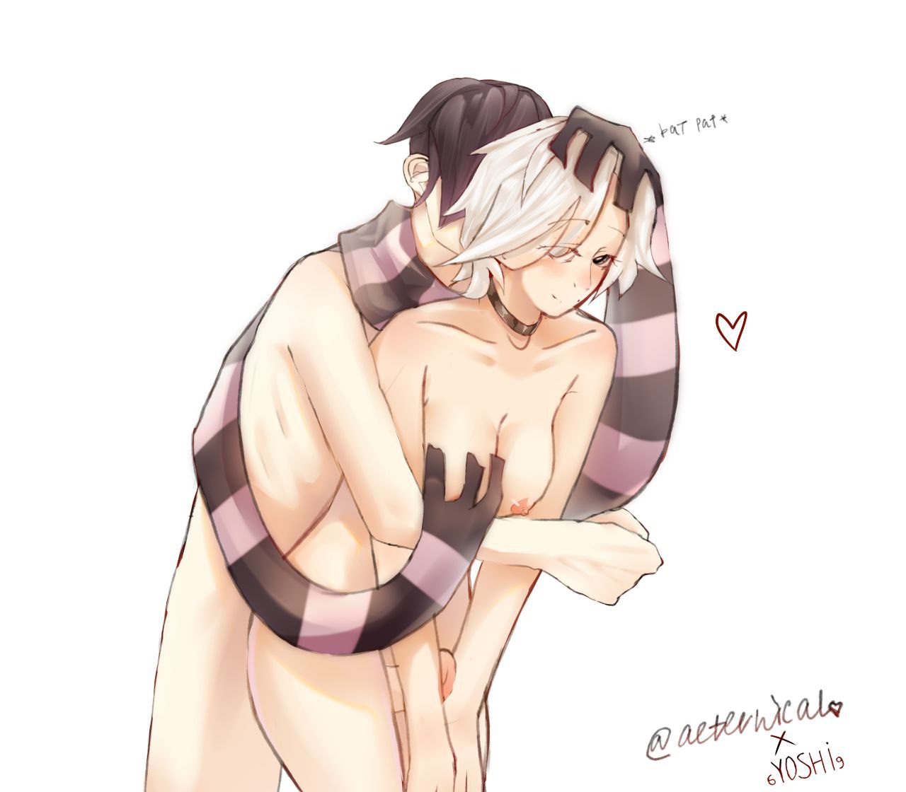 1boy, 1girls, 6yoshi9, black hair, brawl stars, colette (brawl stars), edgar (brawl stars), female, male, nude, nude female, nude male, scarf, supercell, white hair
