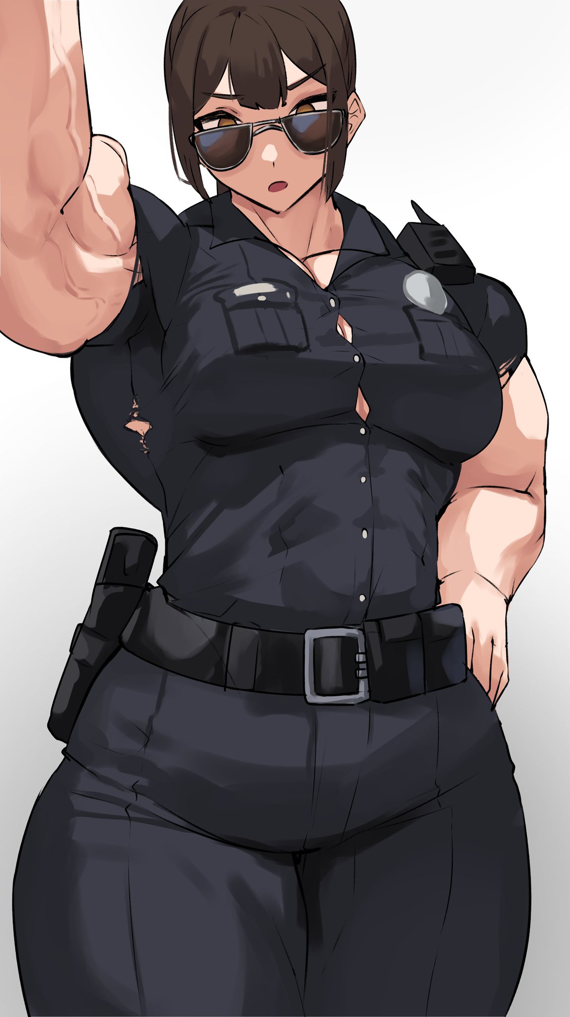 biceps, big breasts, breasts, cleavage, female, hand on hip, looking at viewer, looking over eyewear, looking over glasses, looking over sunglasses, musctonk, muscular, muscular arms, muscular female, original, police, police uniform, policewoman, pov, pov eye contact, ripped clothing, short hair, sunglasses, tinted eyewear, undersized clothes