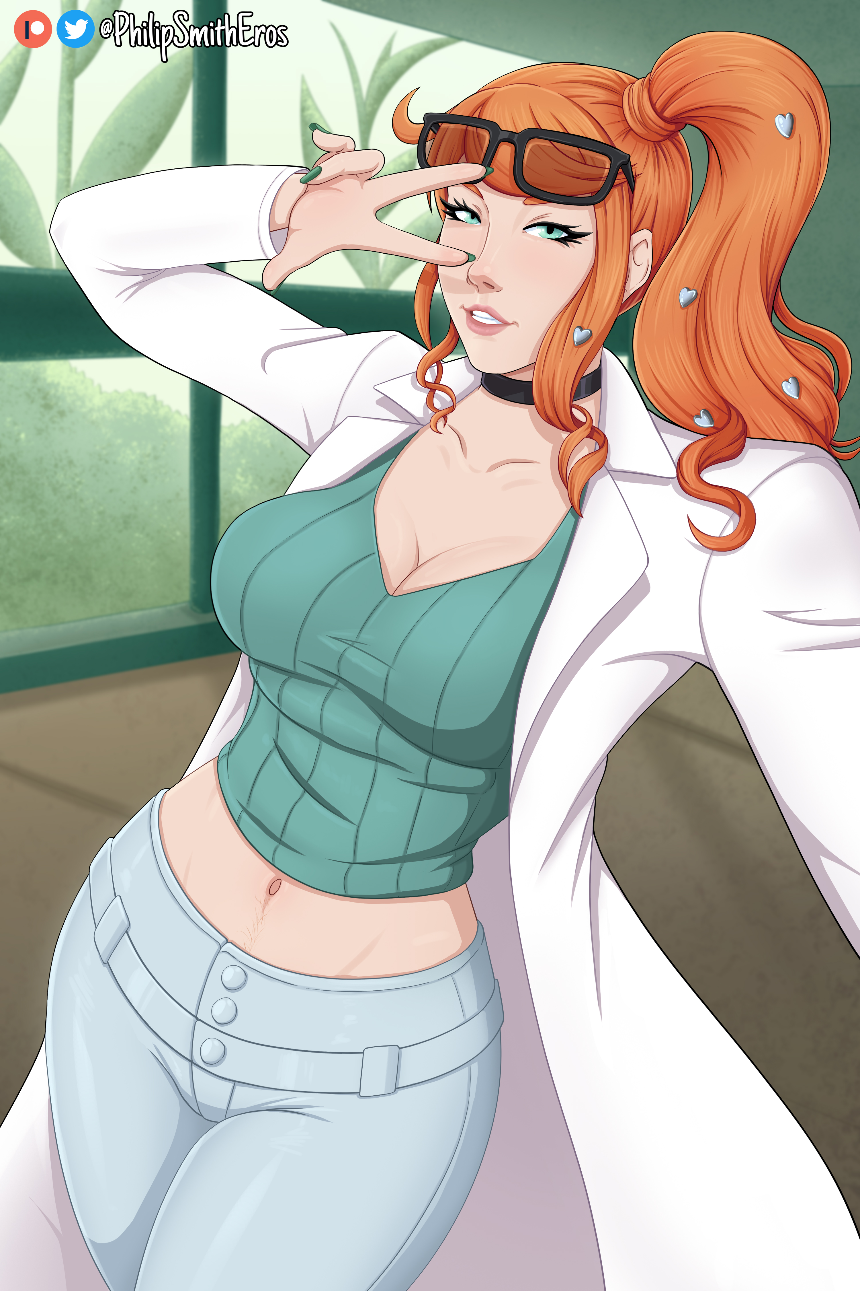 belly button, breasts, cleavage, clothed, female, glasses on head, labcoat, leggings, looking at viewer, neckwear, philipsmitheros, pokemon, pokemon professor, pokemon ss, red hair, selfie, sonia (pokemon), tied hair, treasure trail, v sign, waist