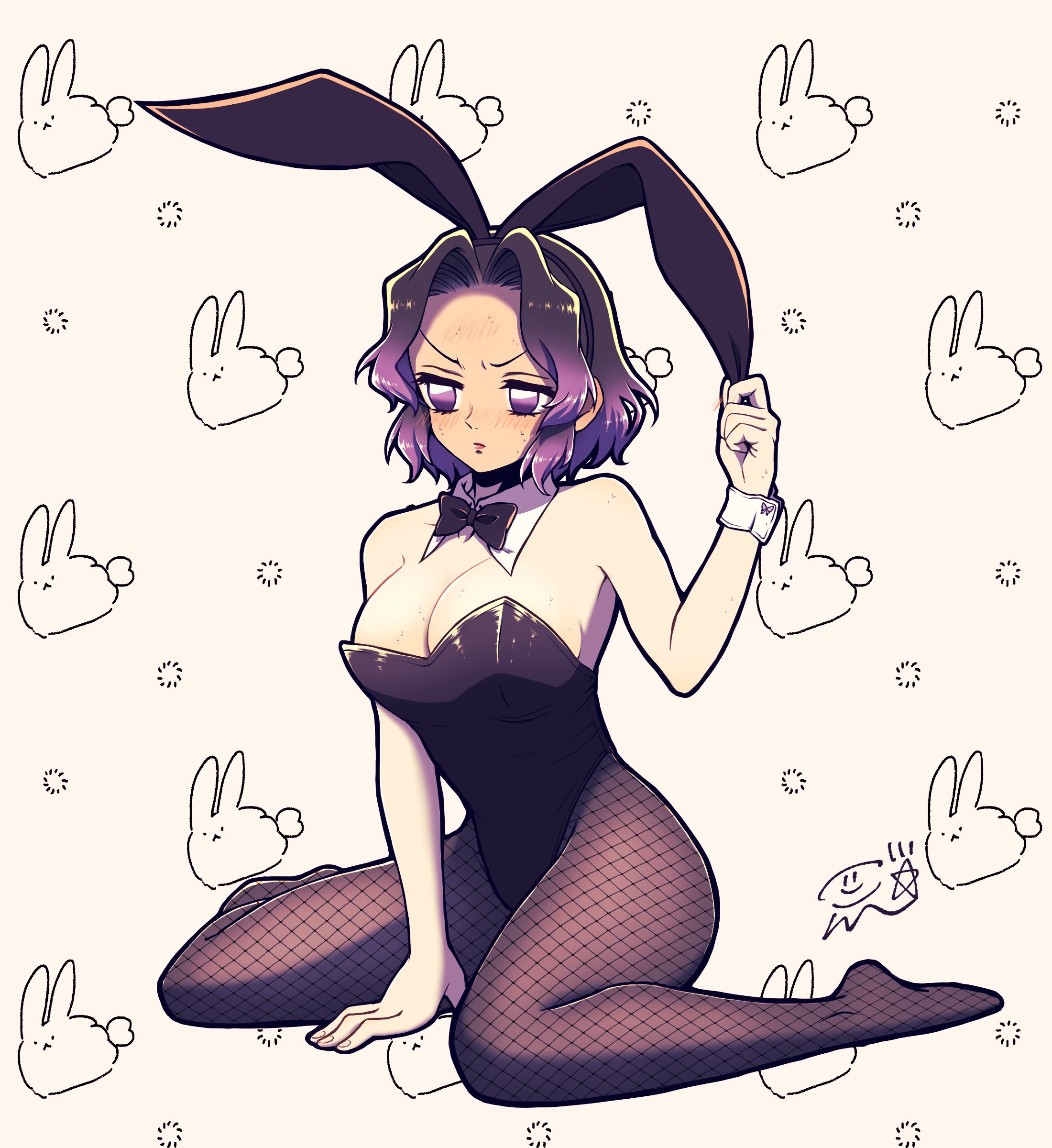 1girls, alternate costume, big breasts, black hair, blush, bowtie, breasts, bunny ears, bunnysuit, cleavage, confettocandy, demon slayer, detached collar, embarrassed, female, female only, fishnets, full body, hair down, kimetsu no yaiba, kochou shinobu, medium hair, pantyhose, purple eyes, purple hair, purple-haired female, red face, short hair, sitting, solo, sweat, two-tone hair, wariza, wavy hair, wrist cuffs