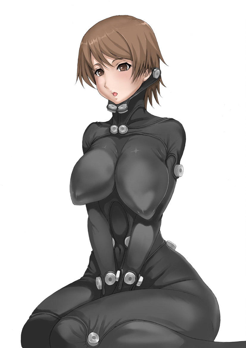 big_breasts bodysuit brown_eyes brown_hair female female_only gantz gantz_suit huge_breasts impossible_clothes kei_kishimoto latex latex_suit nipple_bulge short_hair sitting skin_tight solo tight_clothing wide_hips