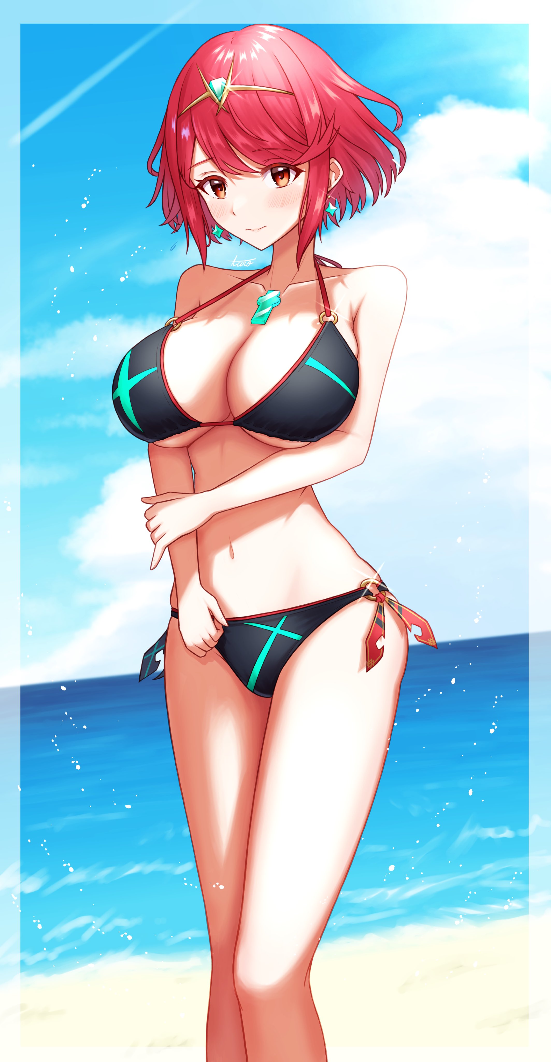 1girls, bare shoulders, beach, belly, belly button, bikini, bikini bottom, bikini top, black bikini, black bikini bottom, black bikini top, black swimsuit, blush, breasts, cleavage, female, female focus, female only, gem, headwear, large breasts, legs, looking at viewer, midriff, navel, pyra, red eyes, red hair, short hair, smile, smiling, smiling at viewer, solo, solo female, solo focus, standing, stomach, swimsuit, swimwear, taro (peach taro51), thighs, tiara, water, xenoblade (series), xenoblade chronicles 2