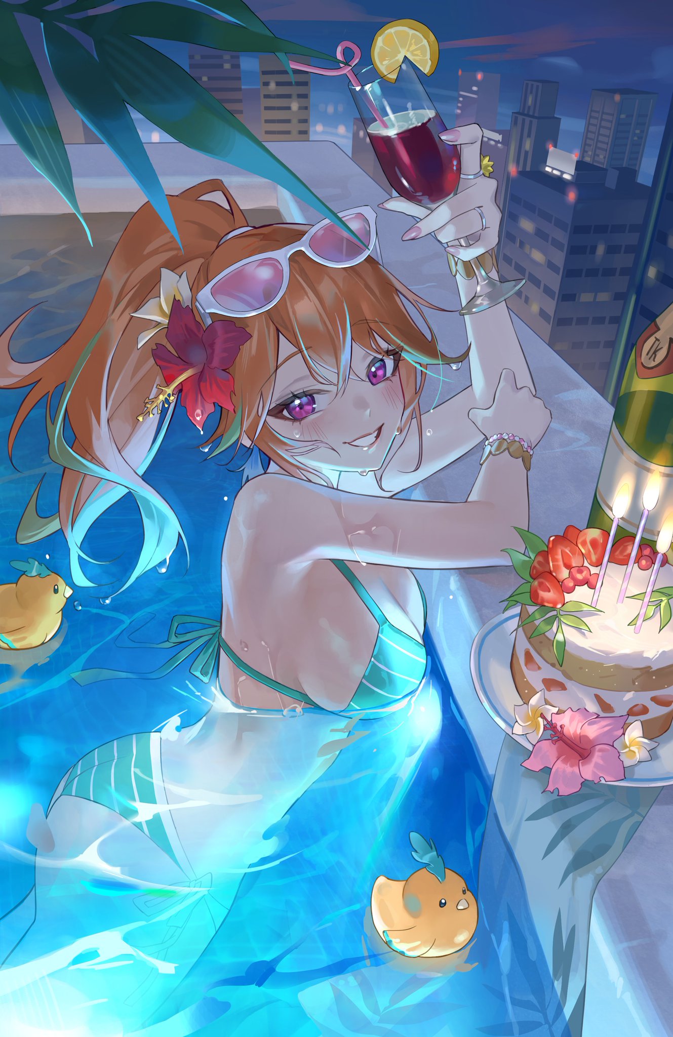 1girls, artist request, bikini, cake, candles, cocktail, female, hi res, holding drink, hololive, hololive english, hololive myth, holomyth, in water, kotori (takanashi kiara), looking at viewer, orange hair, pink nail polish, pool, poolside, purple eyes, skyscraper, smiling, sunglasses, sunglasses on head, tagme, takanashi kiara, virtual youtuber