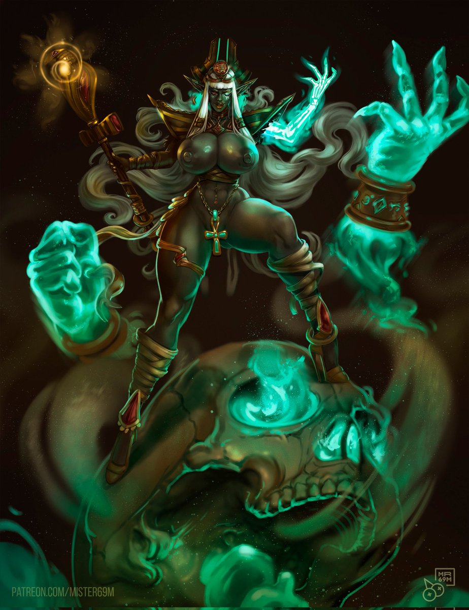 1girls, abs, athletic, athletic female, big breasts, big lips, breasts, dark elf, egyptian clothes, egyptian female, elf, elf ears, exhibitionism, female, grey skin, high heels, mister69m, necromancer, skull, skull head, stiletto heels, thick thighs, very high heels, wide hips