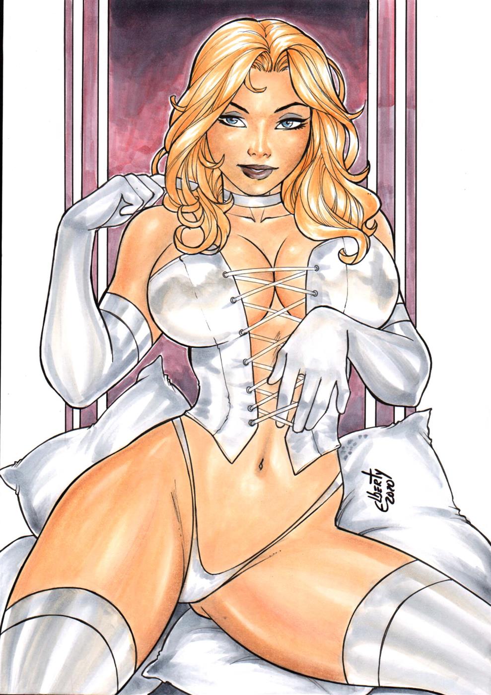 1girls big_breasts blonde_female blonde_hair blue_eyes dominant_female ed_benes_studio elberty_(artist) emma_frost femme_fatale latex looking_at_viewer marvel marvel_comics purple_lipstick solo_female tagme white_boots white_corset white_queen white_thong x-men