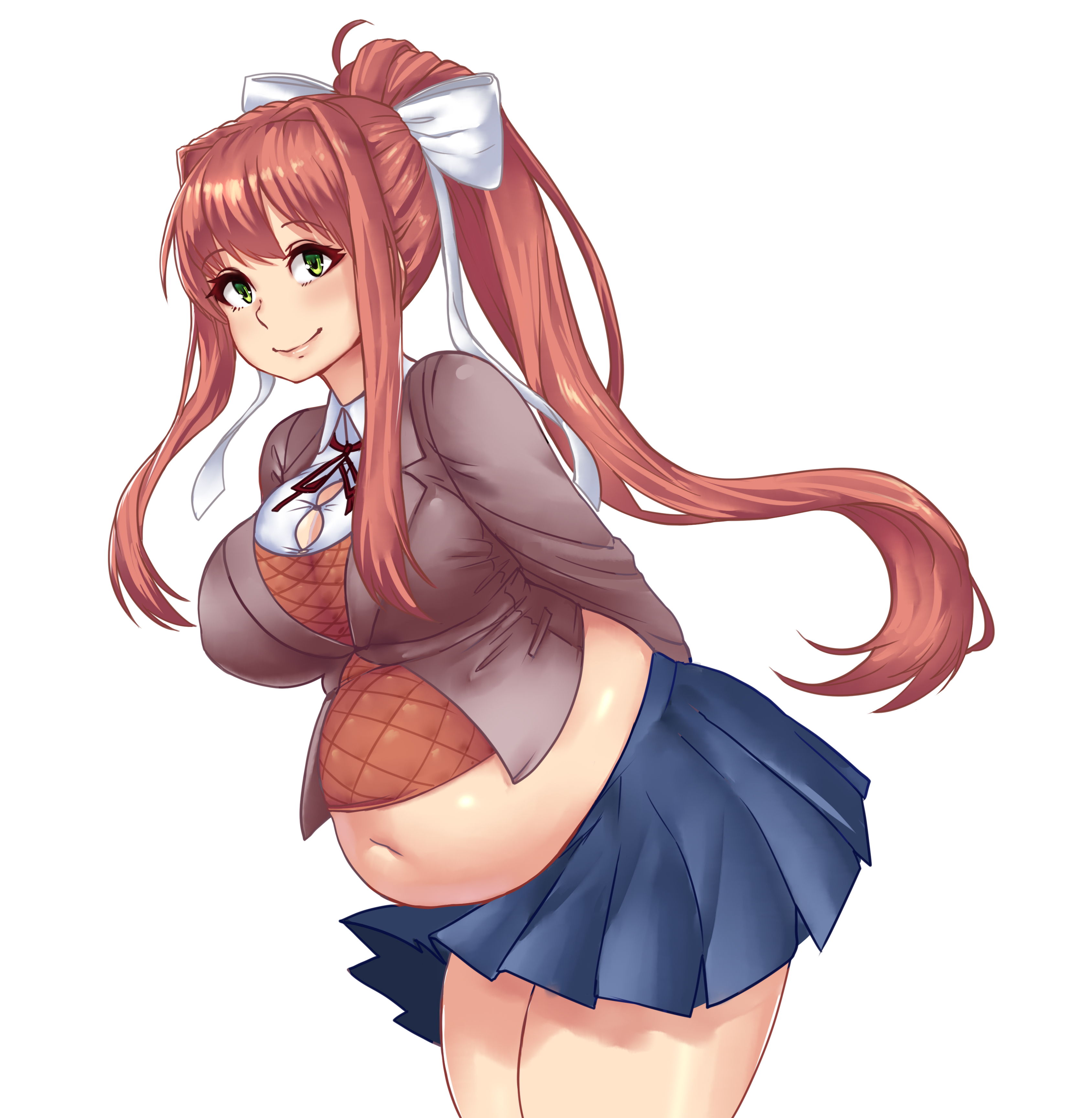 1girls, bbw, belly, big belly, big breasts, breasts, chubby, doki doki literature club, fat, female, female only, green eyes, huge belly, kipteitei, light skin, light-skinned female, long hair, monika (doki doki literature club), overweight, school uniform, schoolgirl, solo, solo female, tight clothing, weight gain, white background