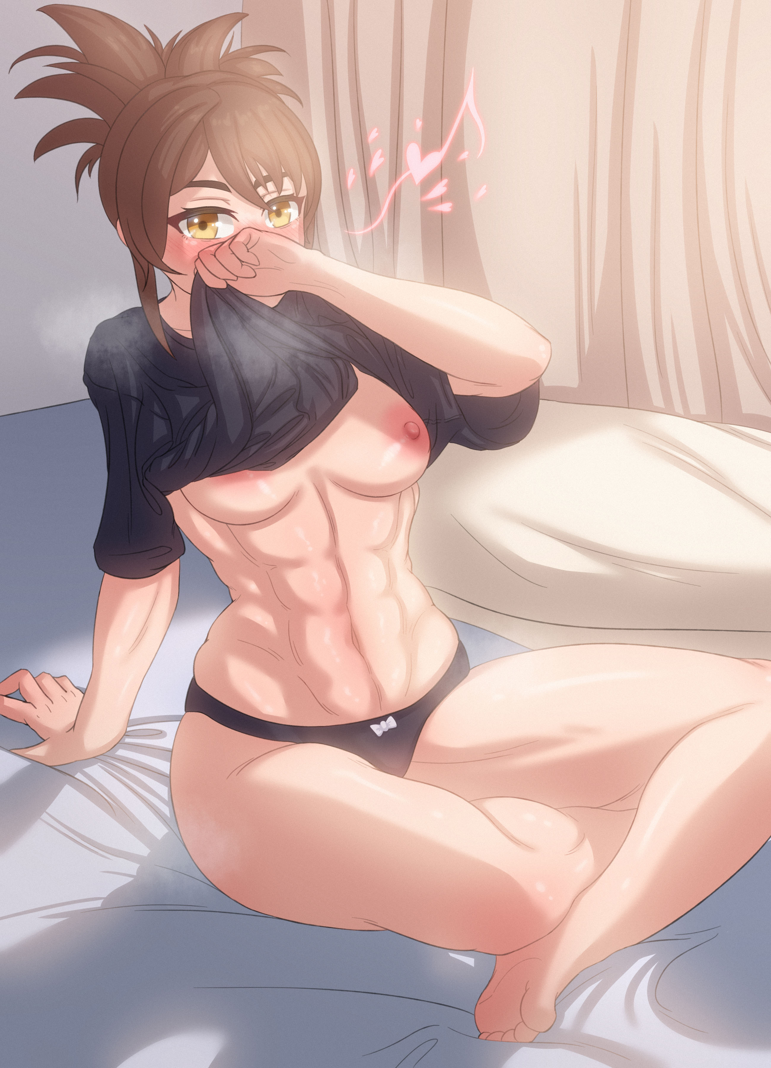 2022, abs, barefoot, black panties, blush, bow panties, breasts, brown hair, covering mouth, dota 2, female, looking at viewer, marci, muscular, muscular female, navel, nipples, no pants, panties, ponytail, shirt, shirt lift, sitting, tagme, thighs, valve, yellow eyes, z-05