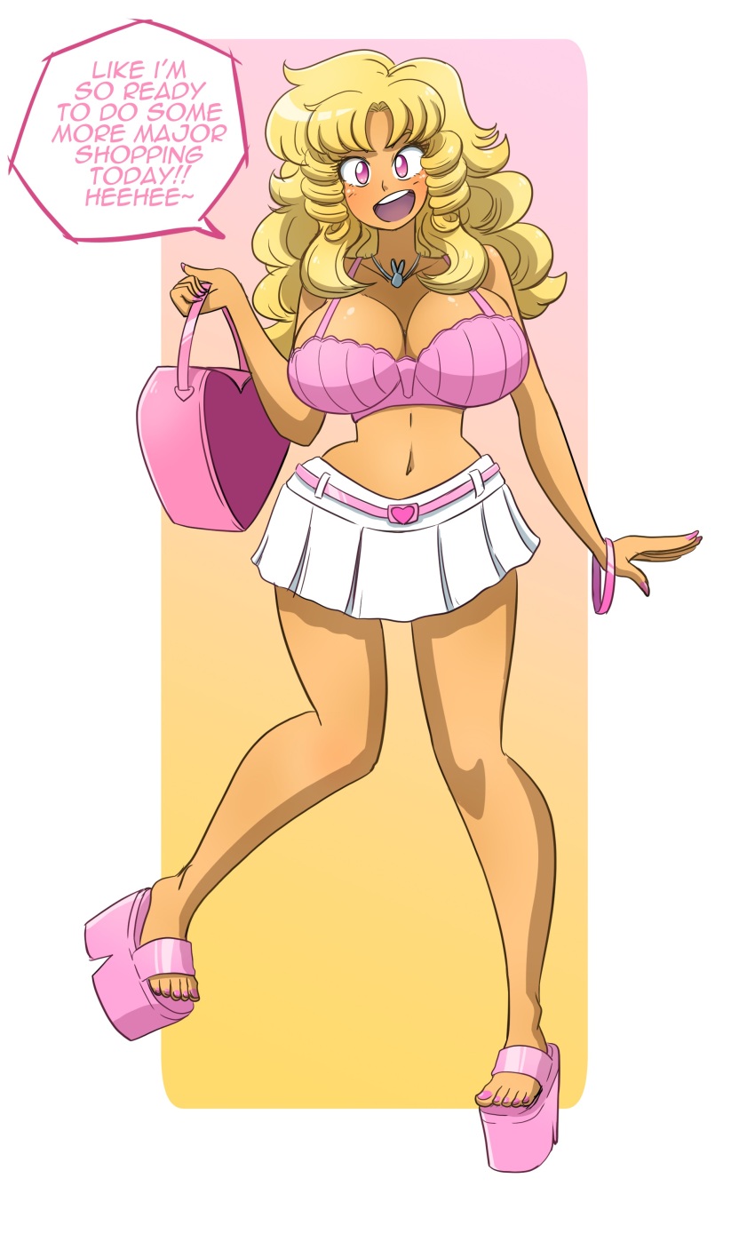 bimbo bimbofication blonde_hair brainwashing breast_expansion breasts caelia cleavage dark-skinned_female dark_skin hi_res kobi-tfs large_breasts looking_at_viewer pink_eyes platform_footwear smiling_at_viewer wide_hips