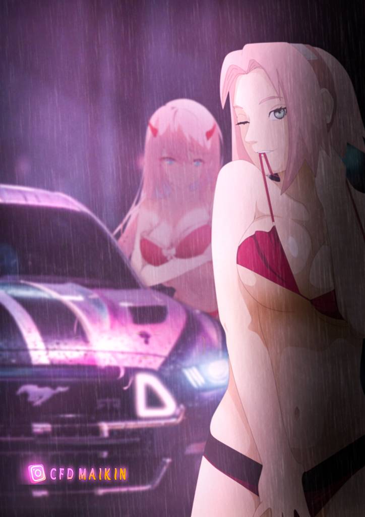 2girls bra car cfdmaikin crossover darling_in_the_franxx female female_only ford ford_mustang green_eyes horns long_hair multiple_girls mustang naruto naruto_(series) naruto_shippuden panties pink_hair raining sakura_haruno strap_pull strap_slip take_your_pick tease teasing underboob underwear undressing vehicle water_drop zero_two_(darling_in_the_franxx)