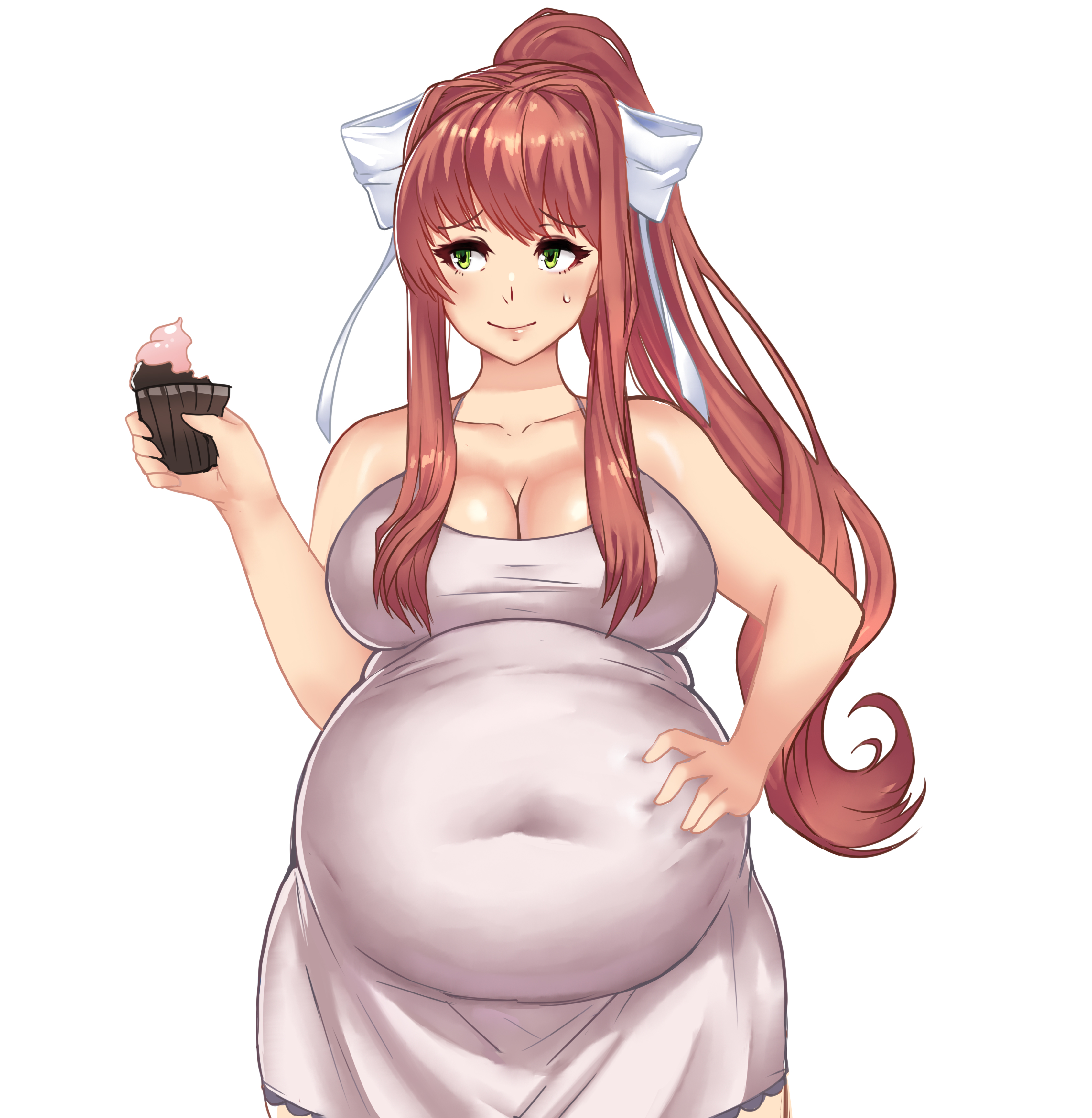 1girls, bbw, belly, belly expansion, big belly, big breasts, breasts, chubby, doki doki literature club, dress, fat, female, female only, green eyes, huge belly, kipteitei, light skin, light-skinned female, long hair, monika (doki doki literature club), overweight, solo, solo female, tight clothing, weight gain, white background, white dress