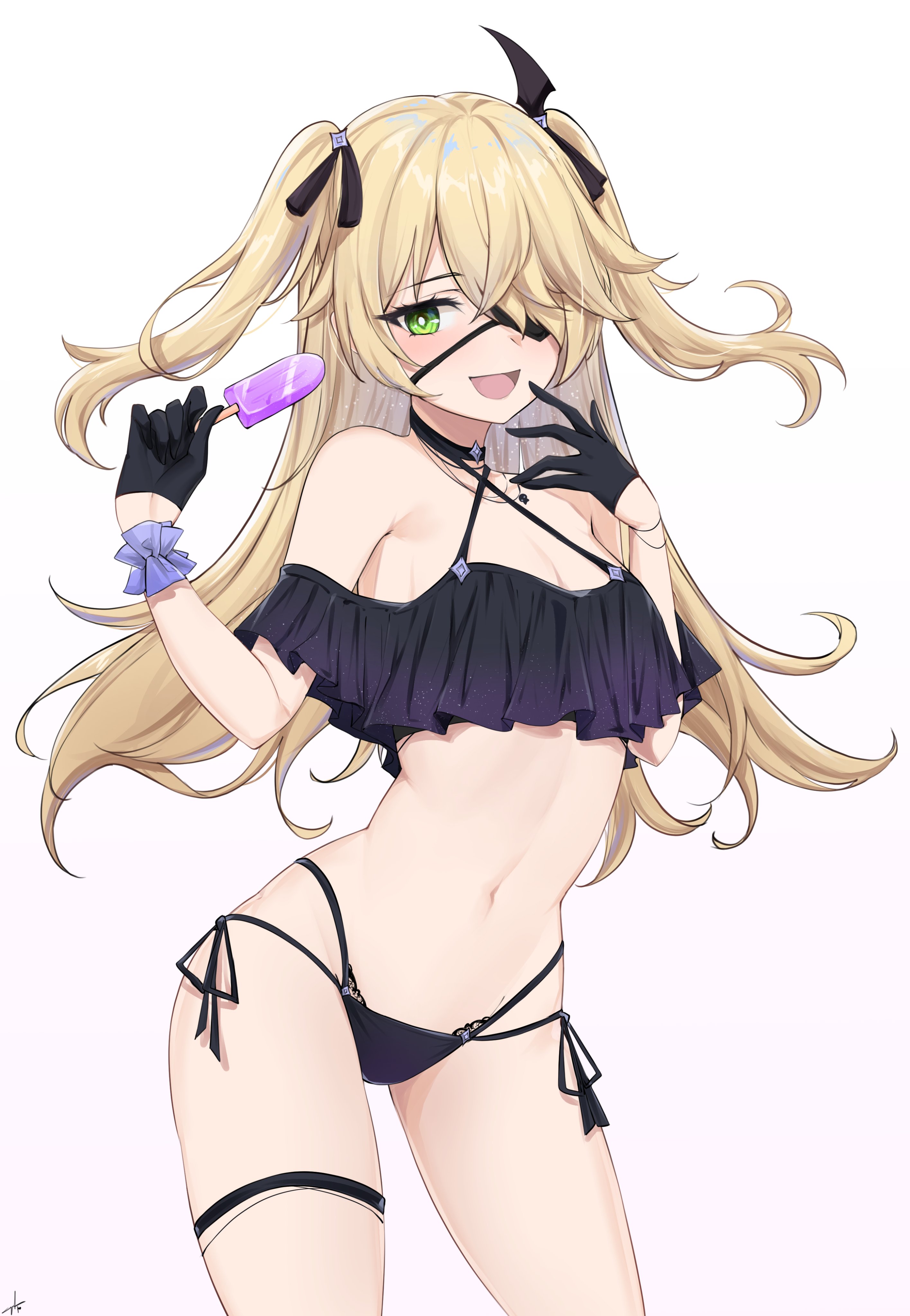 1girls, belly, belly button, bikini bottom, blonde, blonde hair, blush, blushing, choker, eye patch, feintheart721, female, female only, fischl (genshin impact), frilled bikini, genshin impact, gloves, green eyes, light skin, light-skinned female, necklace, open mouth, popsicle, revealing clothes, revealing swimsuit, shoulders, solo, swimsuit, thick, thick thighs, thigh strap, tummy, twintails