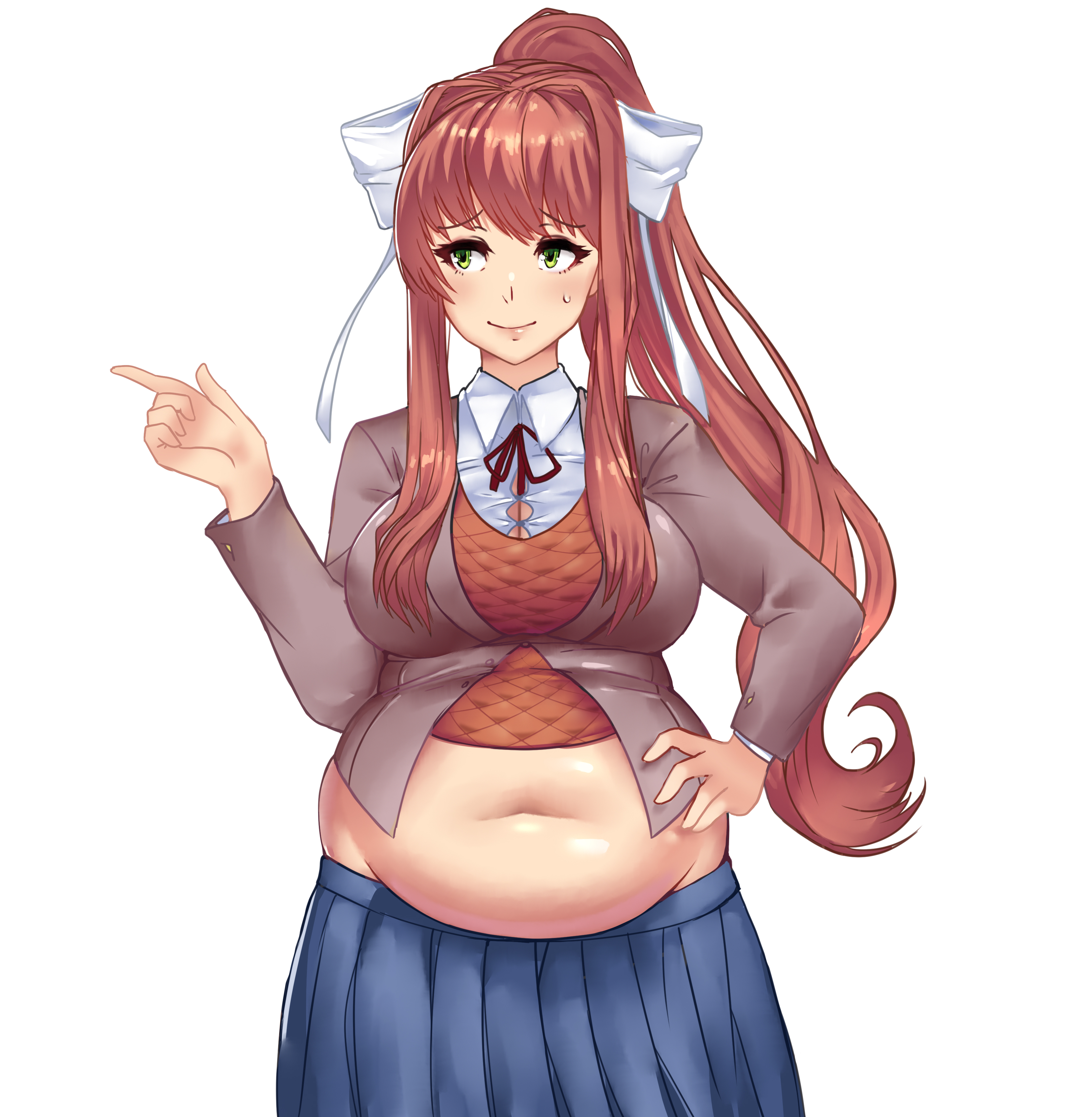 1girls, bbw, belly, big belly, big breasts, breasts, chubby, doki doki literature club, fat, female, female only, green eyes, huge belly, kipteitei, light skin, light-skinned female, long hair, monika (doki doki literature club), overweight, school uniform, schoolgirl, solo, solo female, tight clothing, weight gain, white background