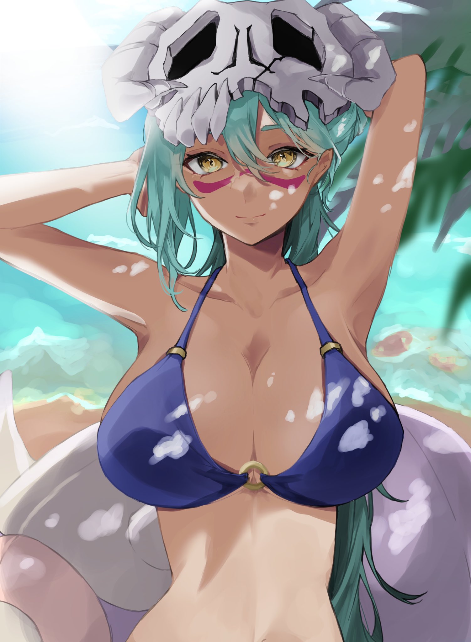 1girls, alternate hairstyle, armpits, arms behind head, arms up, artist request, beach, big breasts, bikini, bikini top, bleach, bleach brave souls, breasts, bust, busty, cleavage, facepaint, female, female only, green hair, hazel eyes, helmet, highres, huge breasts, large breasts, long hair, looking at viewer, nelliel tu odelschwanck, oppai, outdoors, ponytail, skeleton, skull hair ornament, solo, solo female, solo focus, swimsuit, very long hair