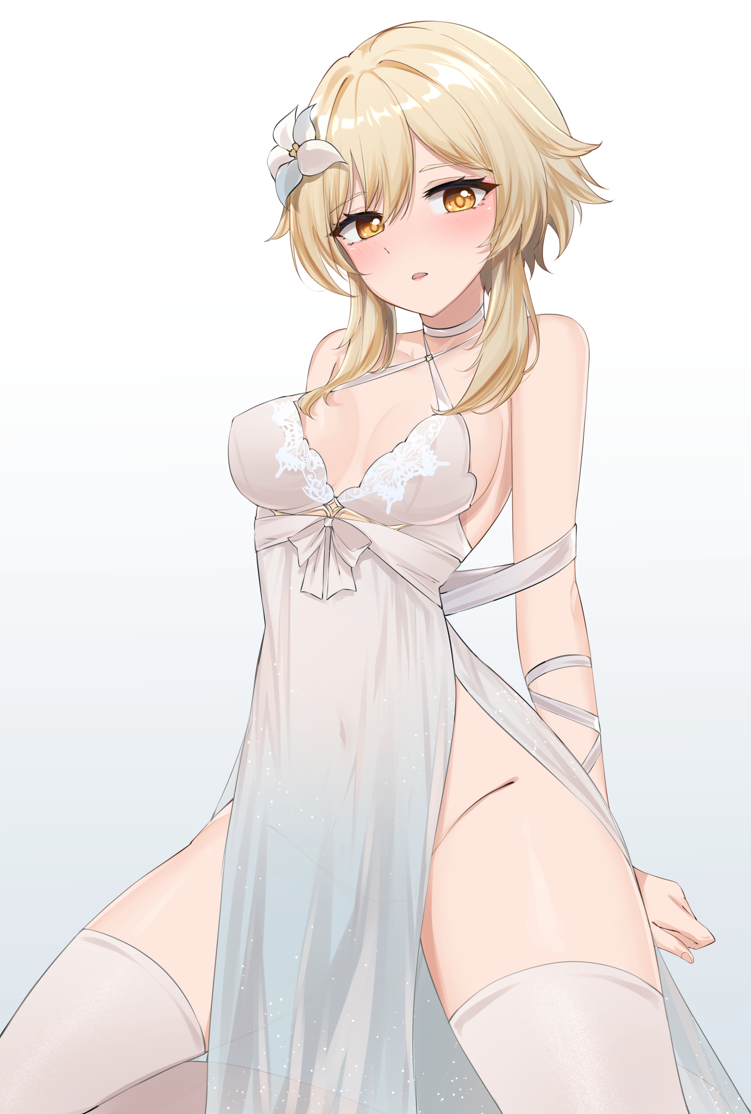1girls, belly button, belly button visible through clothing, blonde hair, blush, breasts, clothed, clothes, dress, feintheart721, female, flower, flower in hair, genshin impact, gold eyes, gold hair, golden eyes, golden hair, hips, light hair, lumine (genshin impact), navel, navel visible through clothes, revealing, revealing clothes, sheer clothing, solo, solo female, sunny721, thick thighs, thighhighs, thighs, twin, white clothing, wide hips