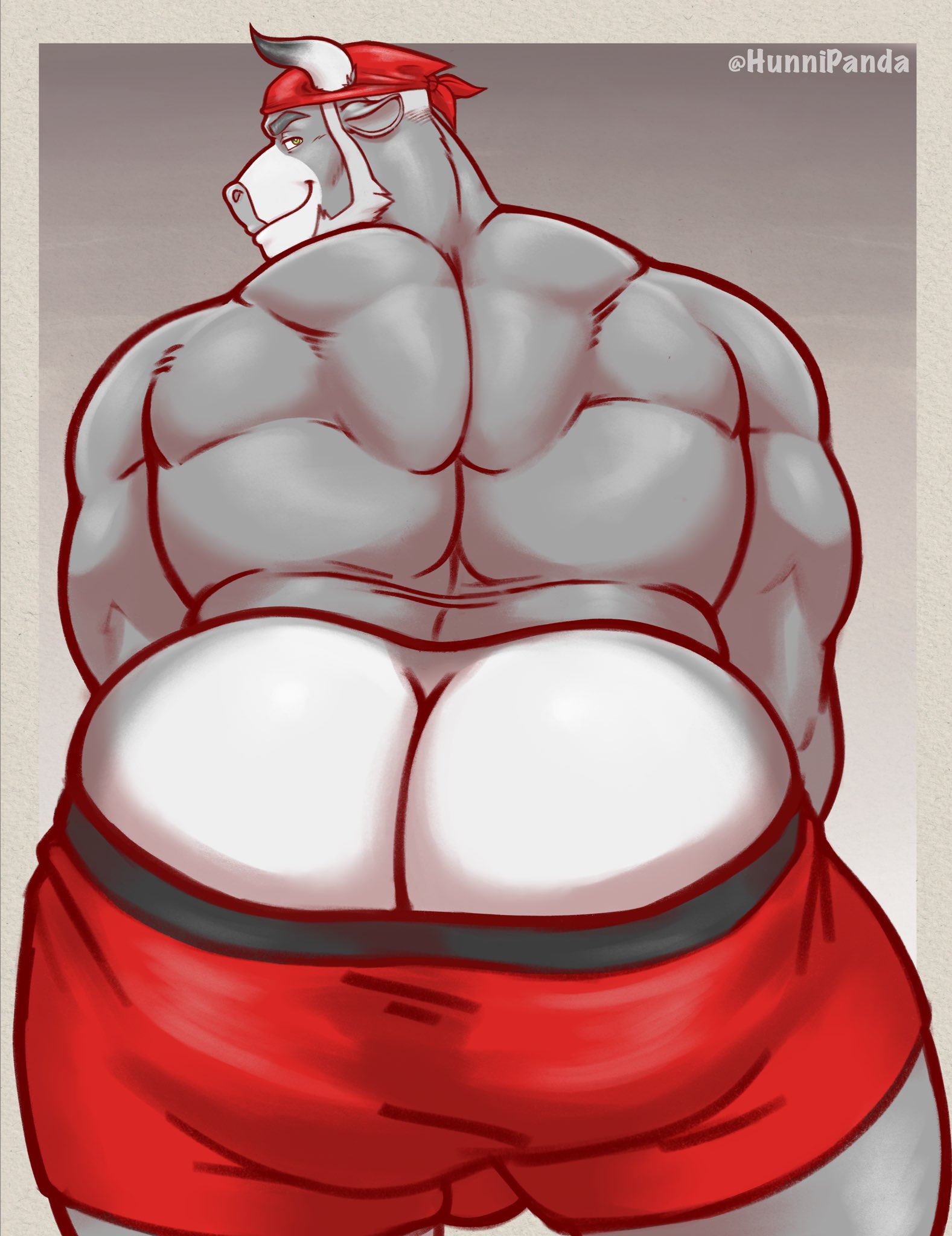 1boy, anthro, ass, ass cleavage, ass crack, back view, bandana, beard, behind view, big ass, big butt, bubble ass, bubble butt, bull, butt crack, furry, green eyes, grey background, grey body, grey fur, horns, hunnipanda, looking back, male, male only, muscles, muscular, muscular male, pants down, red clothing, round ass, round butt, shorts, smile, smiling, solo, solo male, superchub
