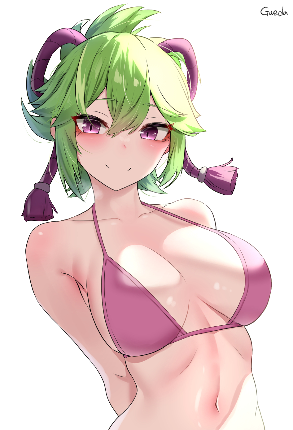 1girls, artist name, bangs, blush, bra, breasts, ear, eyebrows visible through hair, female, female focus, female only, genshin impact, green hair, gweda, highres, kuki shinobu, medium breasts, pink bra, purple eyes, simple background, solo female, tagme, white background