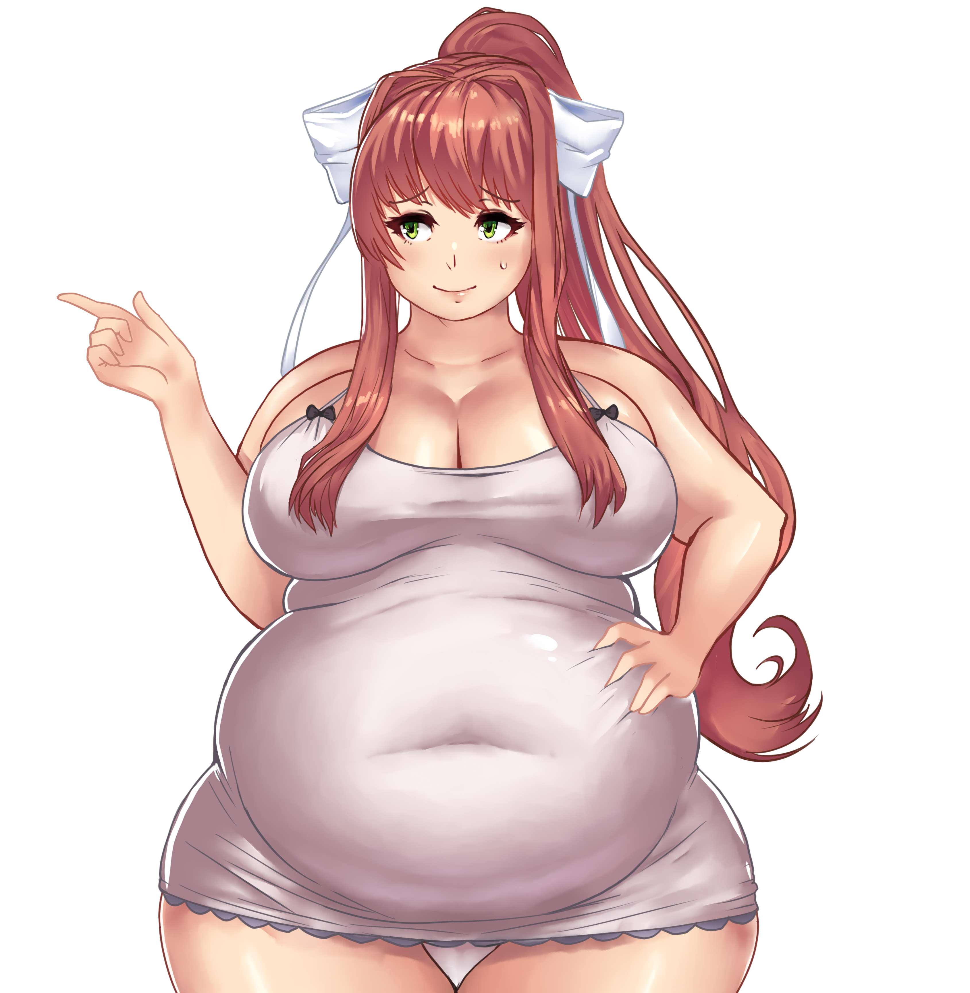 1girls, bbw, belly, belly expansion, big belly, big breasts, breasts, chubby, doki doki literature club, dress, fat, female, female only, green eyes, huge belly, kipteitei, light skin, light-skinned female, long hair, monika (doki doki literature club), obese, overweight, solo, solo female, tight clothing, weight gain, white background, white dress
