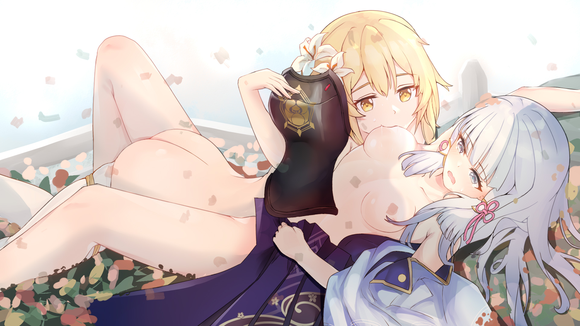 2girls, blonde hair, blue hair, breasts, female, female only, genshin impact, gold eyes, hair down, kamisato ayaka, lumine (genshin impact), multiple females, multiple girls, outdoors sex, outside, partially clothed, staring at another, sucking, sucking nipples, yuri