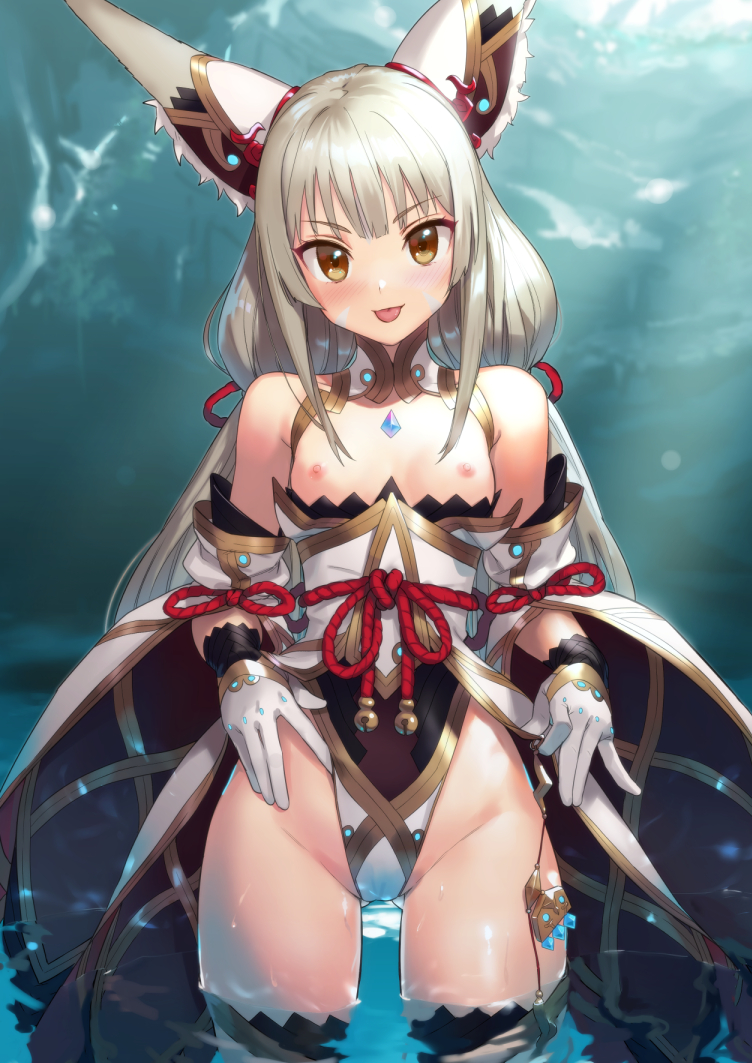:p, 1girls, animal ears, bangs, bare shoulders, blunt bangs, blush, bow, breasts, cat ears, cat girl, catgirl, exposed breasts, exposed nipples, female, female focus, female only, flat chest, flat chested, gem, gloves, grey hair, kawakami rokkaku, long hair, looking at viewer, low twintails, nia, nia (blade), nia (xenoblade), nintendo, nipples, partially submerged, ribbon, ribbons, silver hair, small breasts, solo, solo female, solo focus, spoilers, standing, thighs, tongue, tongue out, twintails, undressing, very long hair, wading, water, xenoblade (series), xenoblade chronicles 2, yellow eyes