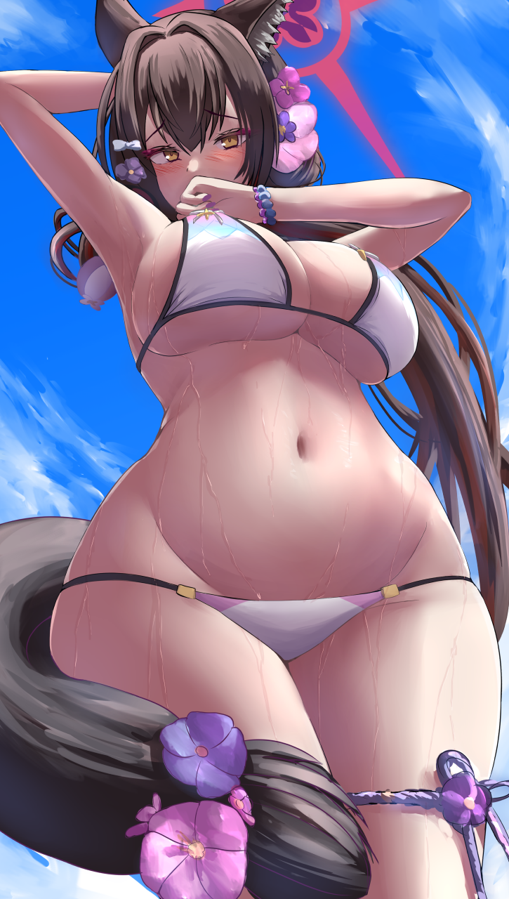 allied_hyakkiyako_academy_student animal_ear_fluff animal_ears arm_behind_head arm_up bead_bracelet beads bikini black_hair blue_archive blue_sky blush bracelet breasts cloud covered_mouth female flower fox_ears fox_girl fox_tail from_below groin hair_flower hair_ornament halo highres hip_focus jewelry large_breasts navel ponytail purple_nails raised_eyebrows seven_prisoners_(blue_archive) silver_bullet_(ecc12_8) skindentation sky solo stomach swimsuit tail tail_flower tail_ornament thigh_strap thighs underboob wakamo_(blue_archive) wakamo_(swimsuit)_(blue_archive) wet white_bikini