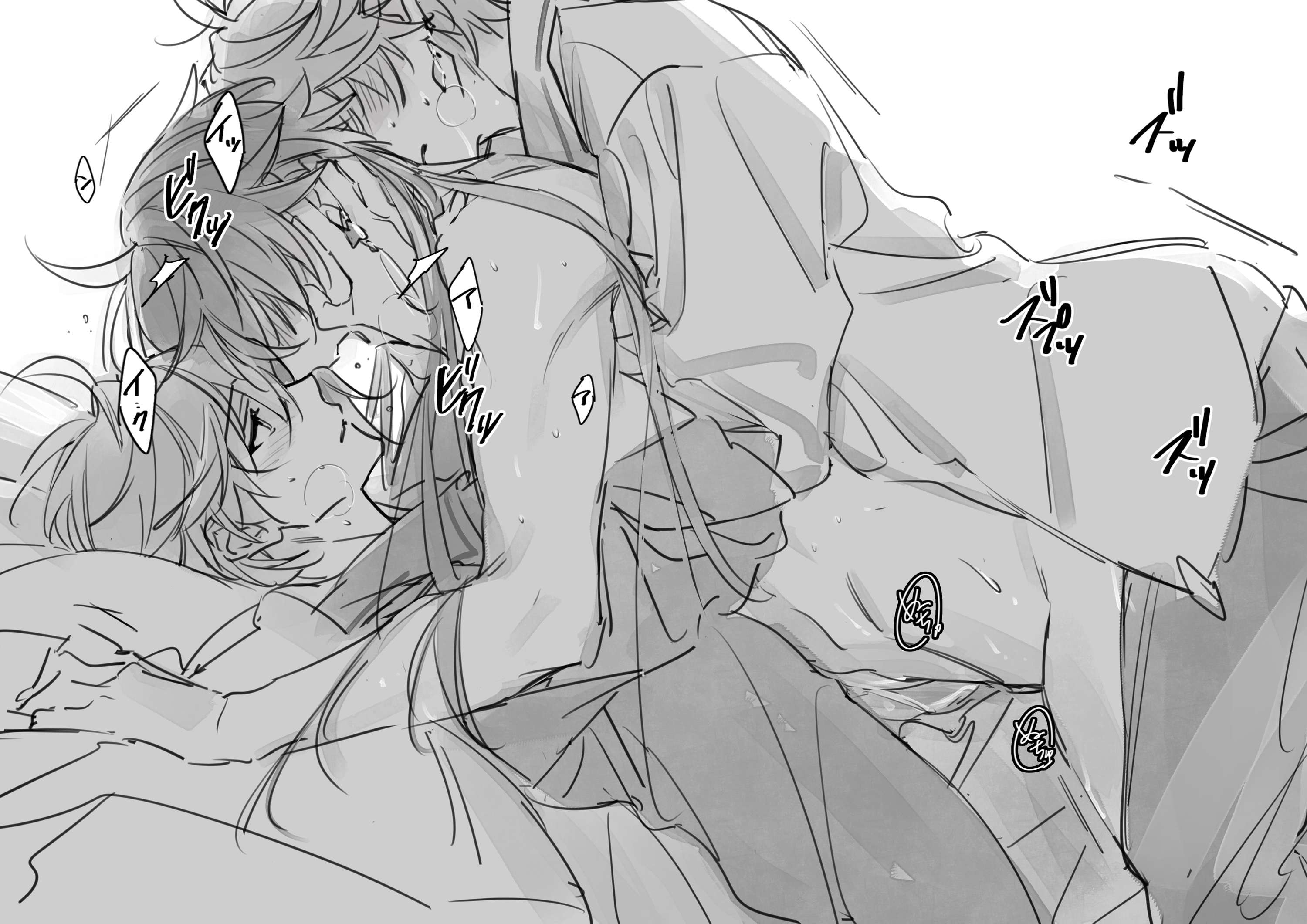 3boys, bangs, blush, breath, childe (genshin impact), clone, dual persona, earrings, from side, genshin impact, grey hair, greyscale, hair between eyes, hi res, highres, implied sex, jewelry, long hair, male, male focus, male only, monochrome, multiple boys, multiple males, sex, shirt, simple background, single earring, sketch, sound effects, tartaglia (genshin impact), tassel, tassel earrings, xia (ryugo), yaoi, zhongli (genshin impact)