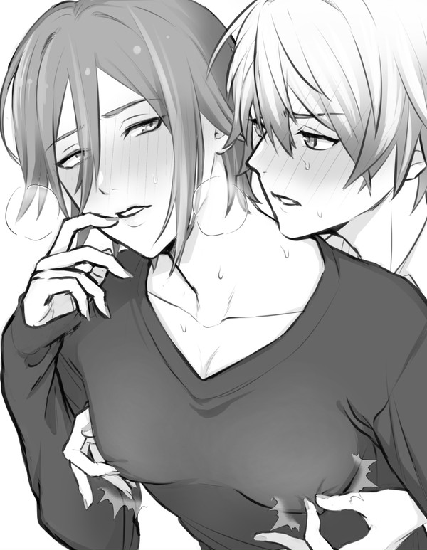 2boys androgynous clothed fully_clothed gay kamishiro_rui male male/male male_focus male_only nipples_visible_through_clothing playing_with_nipple project_sekai rubbing_nipples steamy_breath sweat sweatdrop sweating tagme tenma_tsukasa