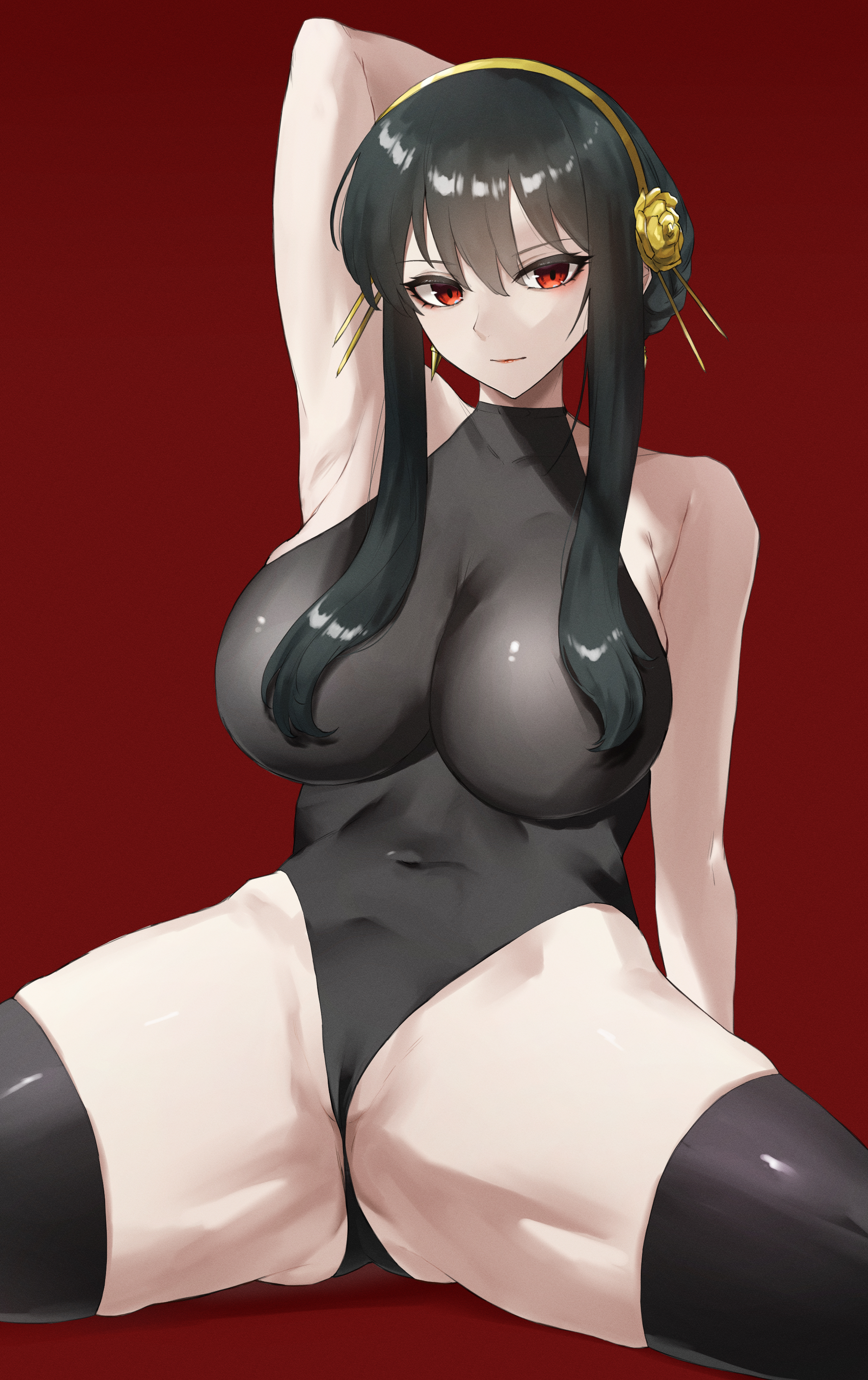 1girls, 2022, absurd res, assassin, black hair, black leotard, breasts, female, female only, highleg leotard, hips, huge breasts, kataku musou, leotard, long hair, red eyes, simple background, slim waist, spread legs, spy x family, thick thighs, thighs, thorn princess, wide hips, yor briar, yor forger