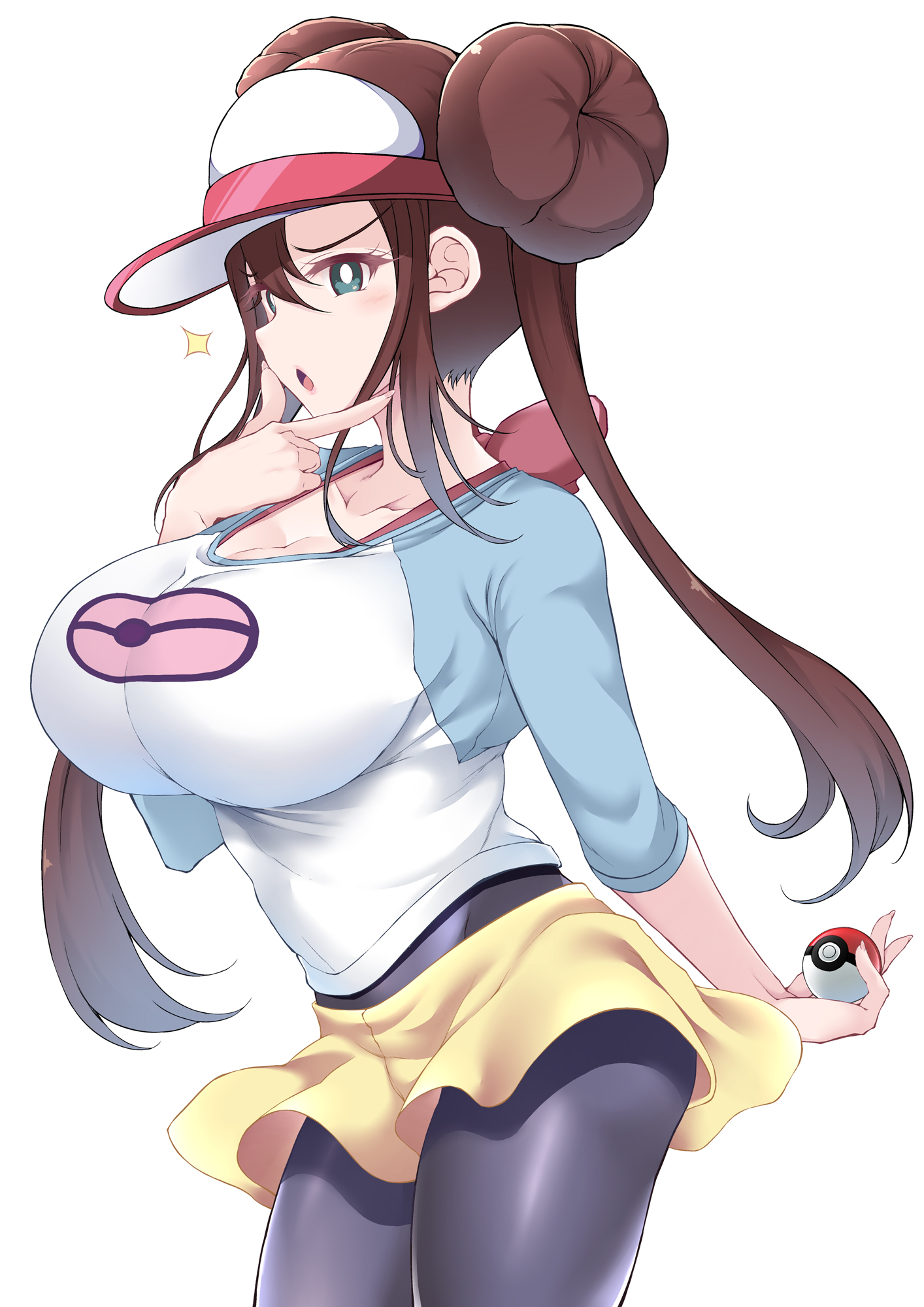 1girls, 2022, blue eyes, breasts, brown eyes, brown hair, clothed, clothed female, female, female only, fukunaga yukito, hi res, holding object, huge breasts, long hair, nintendo, pantyhose under shorts, pantyhose under skirt, pokeball, pokemon, pokemon bw2, rosa (pokemon), short skirt, shorts, simple background, skirt, slim waist, tights, yellow shorts, yellow skirt