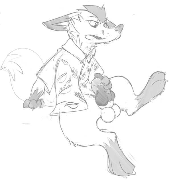 anthro canid canine clothing disney feral fox male male/male male_only mammal masturbation monochrome nick_wilde onigrift penis solo testicles transformation zootopia