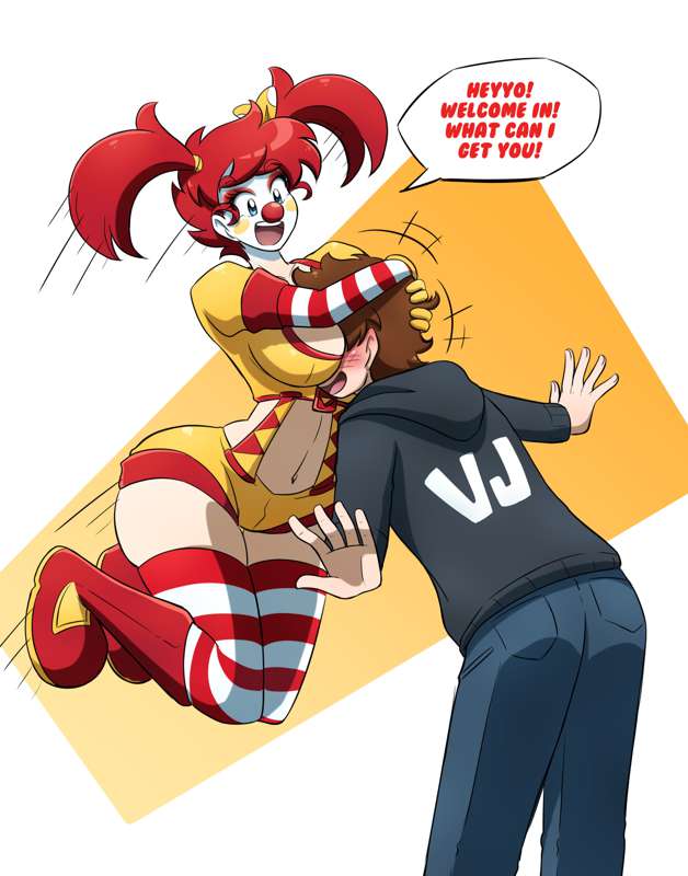 big_breasts breasts clown_girl clussy head_between_breasts hi_res hugging jumping kobi-tfs kobi_(kobi) large_ass navel open_mouth red_hair rozy_(kobi) text thick_thighs thighhigh_socks twintails wide_hips