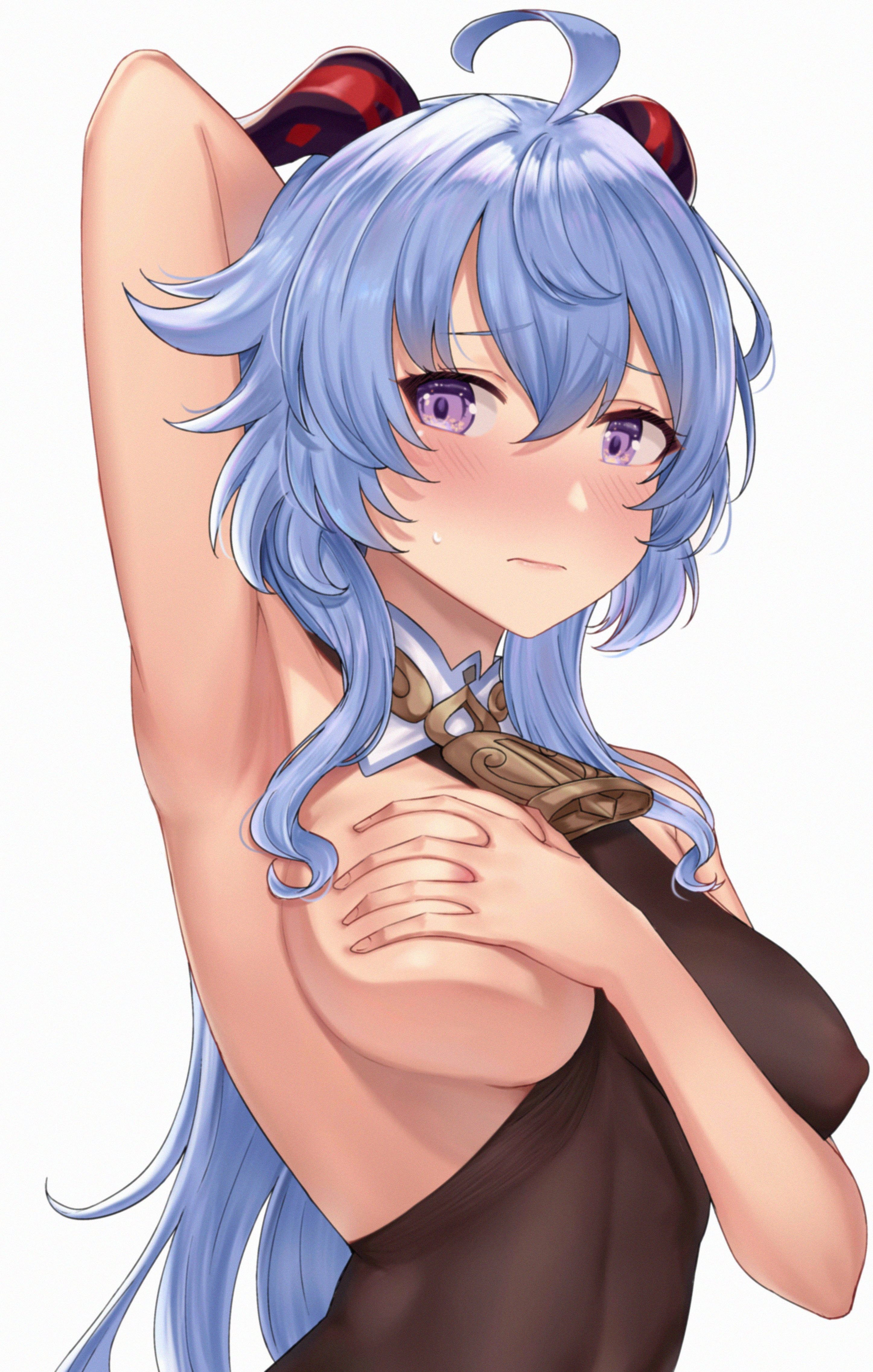 1girls, 2021, absurdres, ahoge, areola slip, arm up, armpits, bell, blue hair, blush, bodysuit, breasts, covering, covering breasts, covering nipples, cowbell, detached sleeves, female, female focus, female only, ganyu (genshin impact), genshin impact, goat horns, half-closed eyes, highres, horns, large breasts, long hair, looking at viewer, maumaou, one breast out, purple eyes, simple background, sleeveless, solo, solo female, sweatdrop, upper body, white background