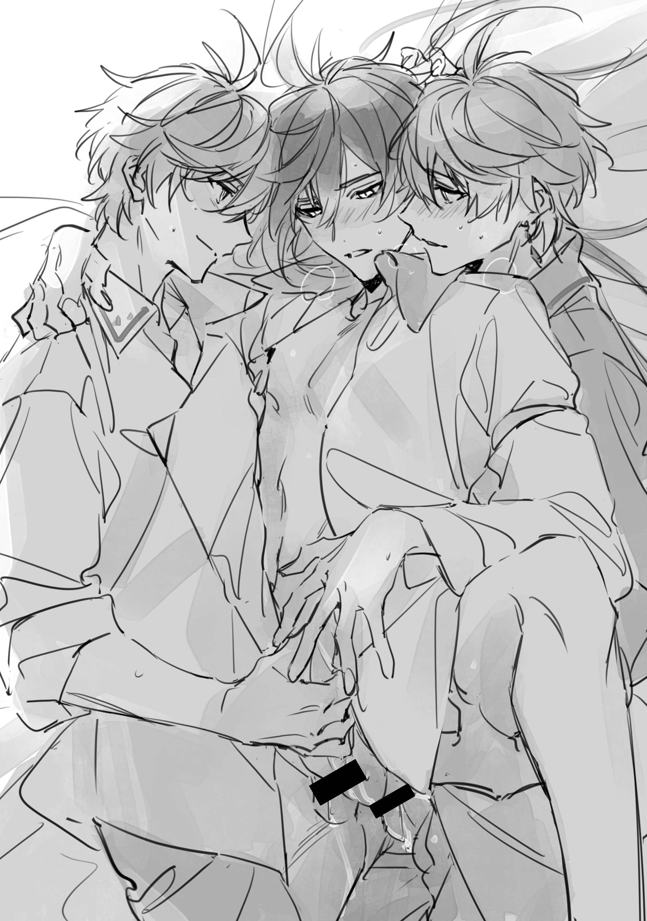 3boys, absurd res, absurdres, anal, bangs, bar censor, bed sheet, blush, breath, censored, childe (genshin impact), clone, closed mouth, dual persona, earrings, genshin impact, greyscale, group sex, hair between eyes, hi res, highres, jewelry, male, monochrome, multiple boys, multiple males, open clothes, open shirt, parted lips, sandwiched, sex, shirt, single earring, sketch, sweat, tartaglia (genshin impact), threesome, xia (ryugo), yaoi, zhongli (genshin impact)