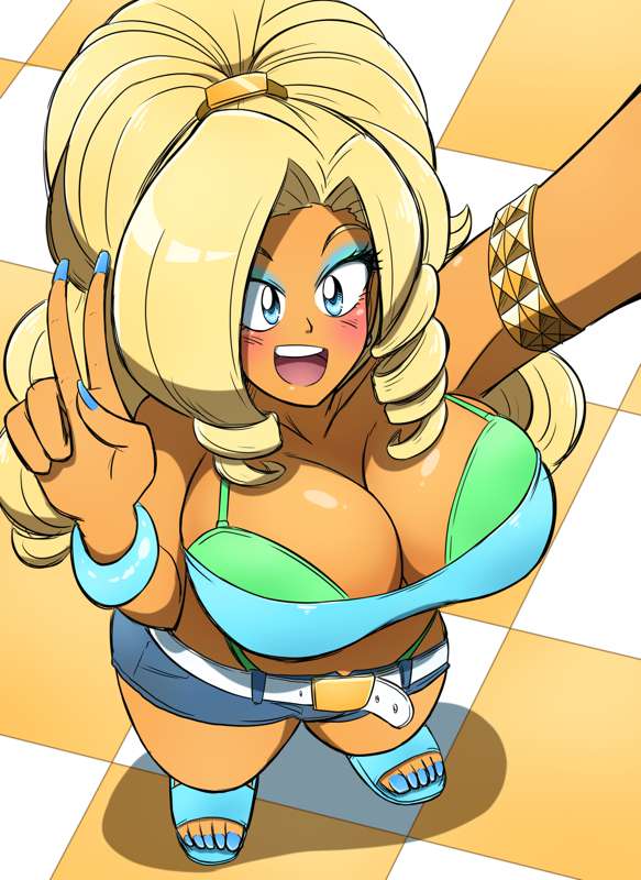 big breasts, big hips, bimbo, bimbo hair, bimbofication, blonde hair, blue eyes, blush, bra cups sticking out, breasts, cleavage, dark skin, dark-skinned female, female, hi res, kobi-tfs, long hair, selfie, teased hair, thong