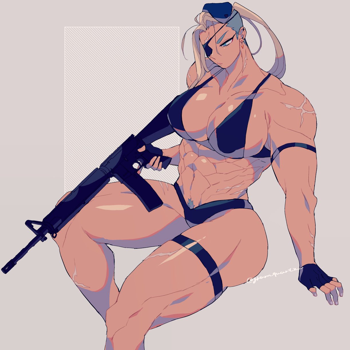 abs assault_rifle big_breasts breasts eyepatch female gloves gram_quartz gun muscular muscular_arms muscular_ass muscular_female muscular_legs muscular_thighs rifle scar scars scars_all_over tagme