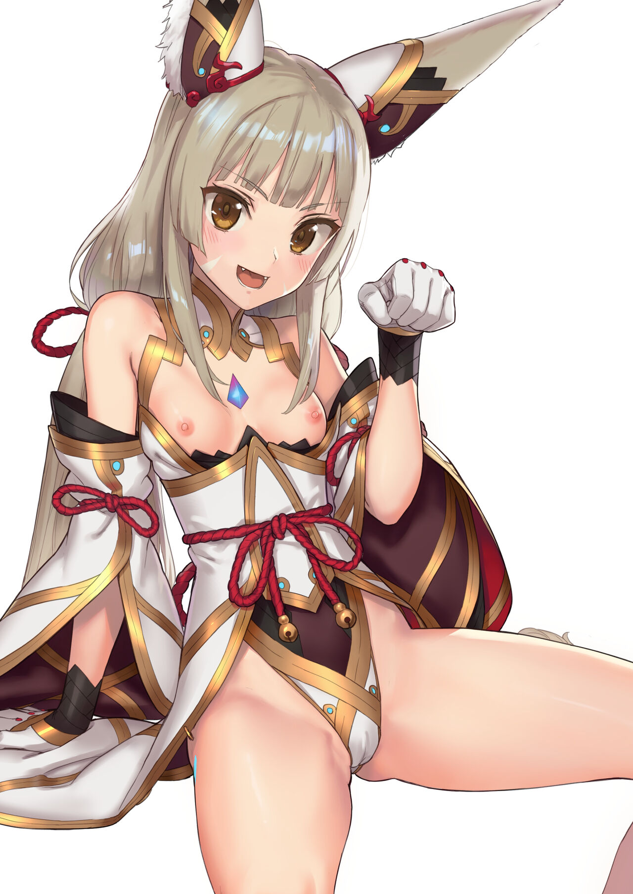 1girls, animal ears, bare shoulders, blunt bangs, blush, breasts, cameltoe, cat ears, cat girl, catgirl, exposed breasts, exposed nipples, facial markings, fangs, female, female focus, female only, gem, gloves, grey hair, happy, kawakami rokkaku, legs, legs apart, legs spread, long hair, long sleeves, looking at viewer, low twintails, markings, nia, nia (blade), nia (xenoblade), nintendo, nipples, open mouth, panties, pussy, silver hair, sitting, small breasts, smile, smiling, smiling at viewer, solo, solo female, solo focus, spread legs, spreading, teeth, teeth showing, teeth visible, thighs, tongue, twintails, very long hair, white background, xenoblade (series), xenoblade chronicles 2, yellow eyes