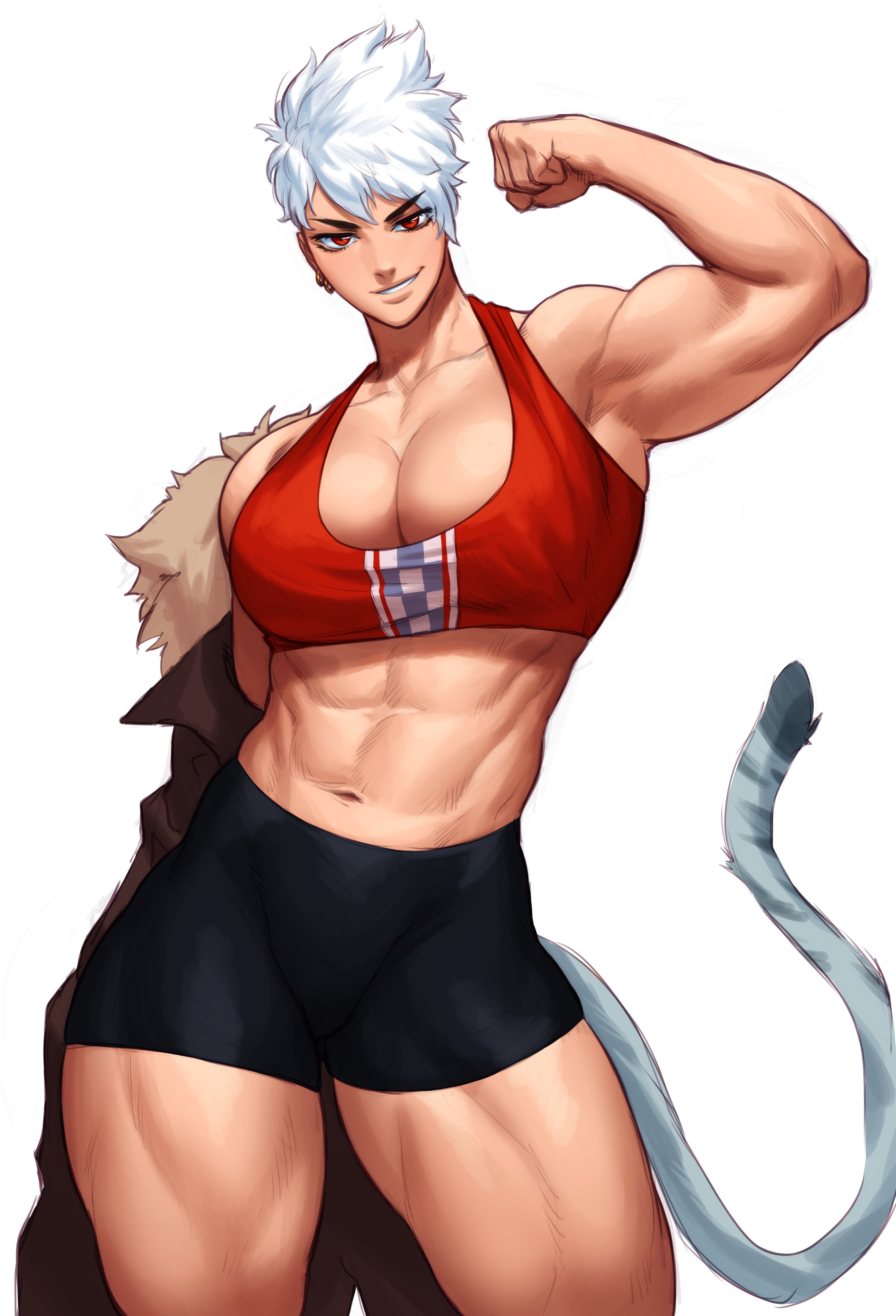 1girls, breasts, cleavage, dragon ball, female, kei (subway gorilla), muscular, muscular female, original, original character, pose, red eyes, saiyan, saiyan tail, short hair, smile, solo, sotcho, sportswear, standing, tail, white background, white hair