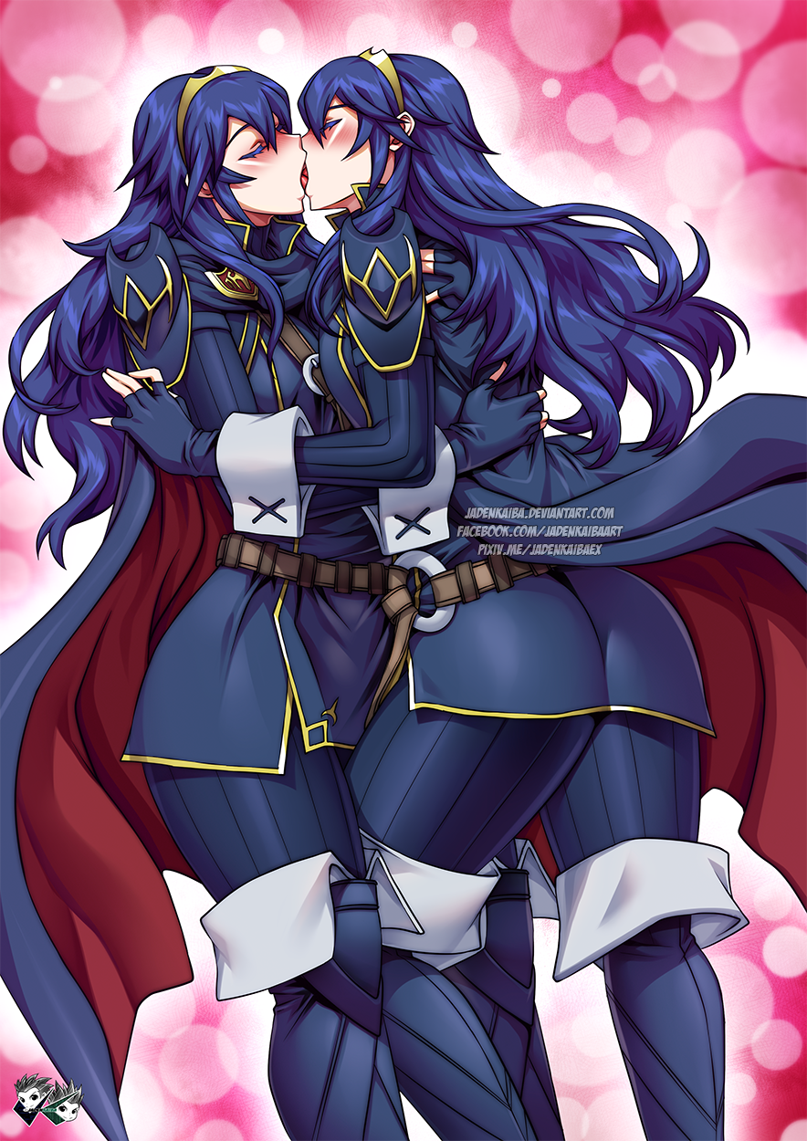 2girls, ass, blue hair, boots, cape, closed eyes, dual persona, female, female only, fingerless gloves, fire emblem, fire emblem awakening, french kiss, gloves, jadenkaiba, kissing, large ass, long hair, lucina (fire emblem), multiple females, multiple girls, multiple persona, nintendo, open mouth, pink background, selfcest, thick thighs, thighs, tiara, yuri