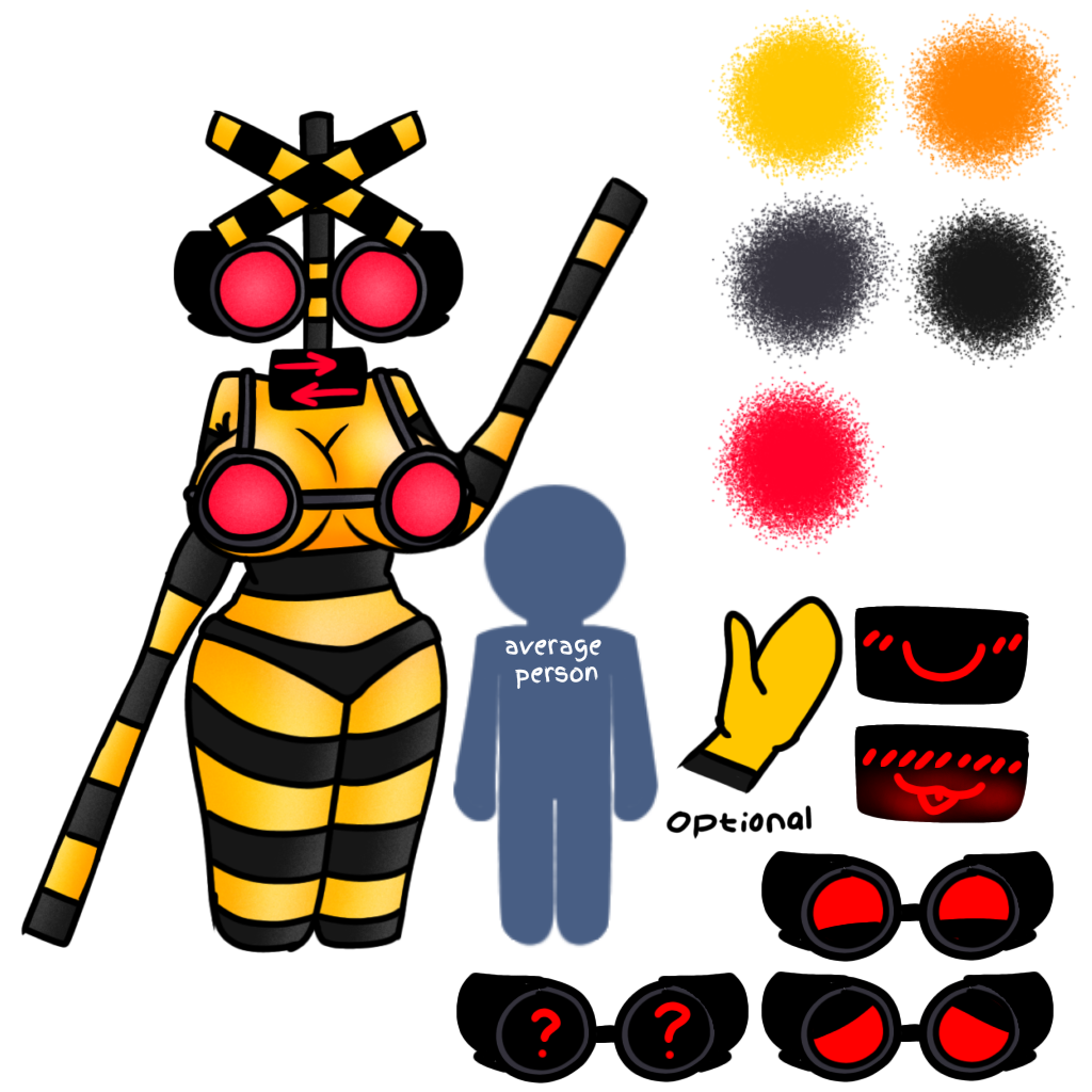 big_eyelashes big_eyes panties railroad_crossing red_eyes reference_image size_difference striped_armwear striped_body striped_legwear waving yellow_body