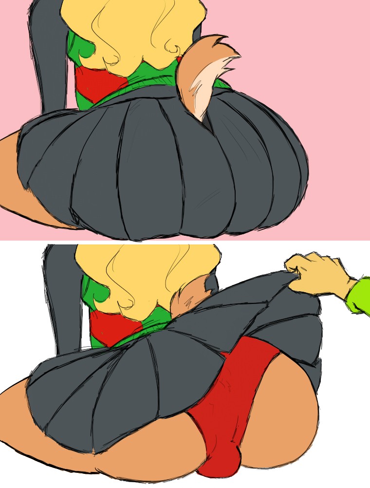 1futa, artist request, ass, balls, balls bulge, balls in panties, balls outline, balls under clothes, black skirt, blonde hair, brown fur, bubble ass, bubble butt, deltarune, futa only, futanari, huge ass, huge butt, intersex, lifted skirt, noelle holiday, panties, pink background, red panties, skirt lift, sweater, tail, tail through clothes, tail through skirt, thick thighs, upskirt, v.geneva, white background