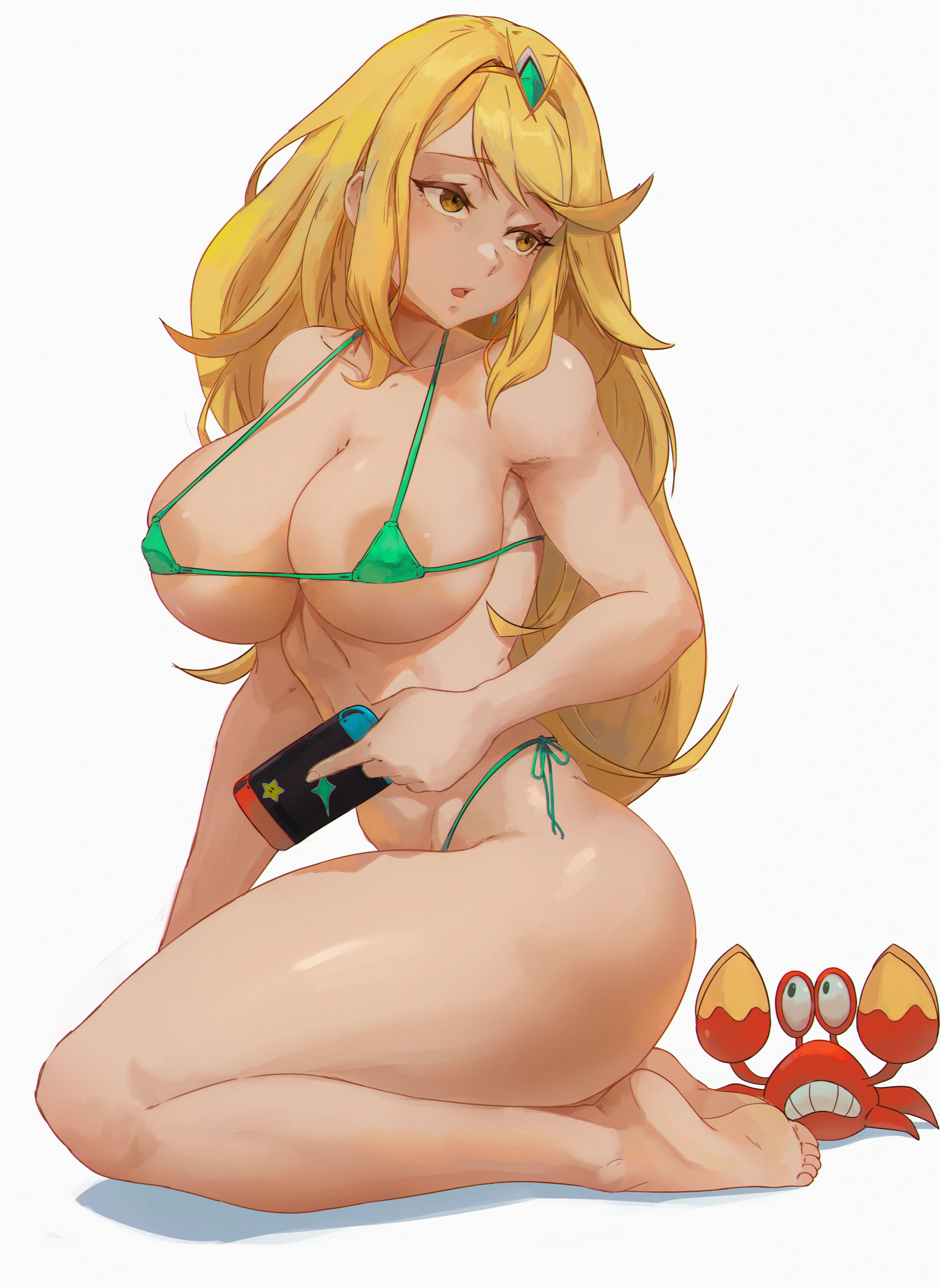 1girls, 2022, areolae, bangs, barefoot, bikini, blonde hair, breasts, cutesexyrobutts (style), feet, female, gold eyes, green bikini, hair ornament, hi res, hips, holding object, huge breasts, large areolae, lesottart, light blush, long hair, micro bikini, mythra, nintendo, nintendo switch, nipples, simple background, slim waist, soles, swept bangs, thick thighs, thighs, tiara, white background, wide hips, xenoblade (series), xenoblade chronicles 2