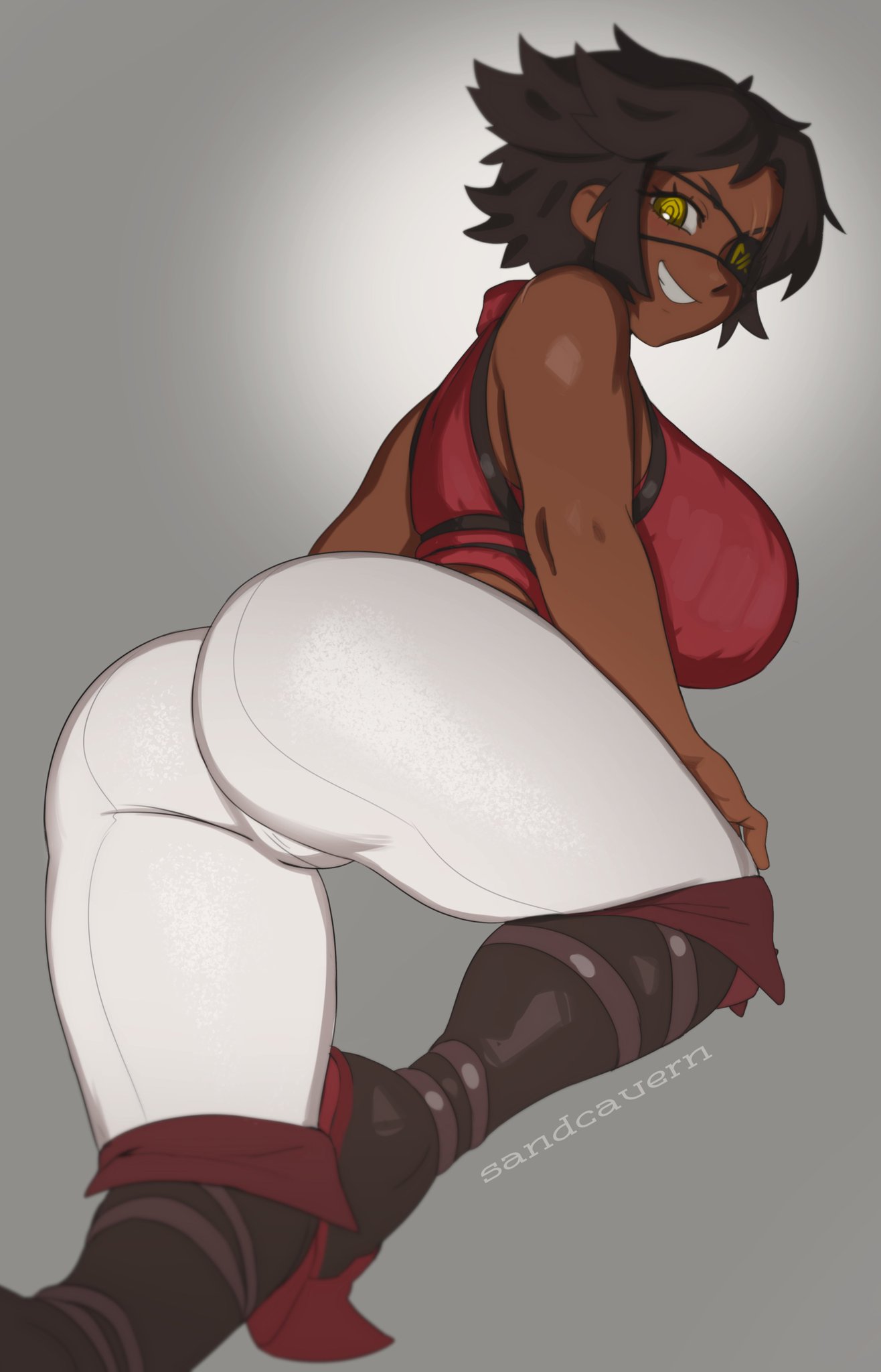 ass, big ass, big breasts, breasts, dark skin, dark-skinned female, eyep, female, looking back, original, original character, sandcavern, short hair, thick thighs