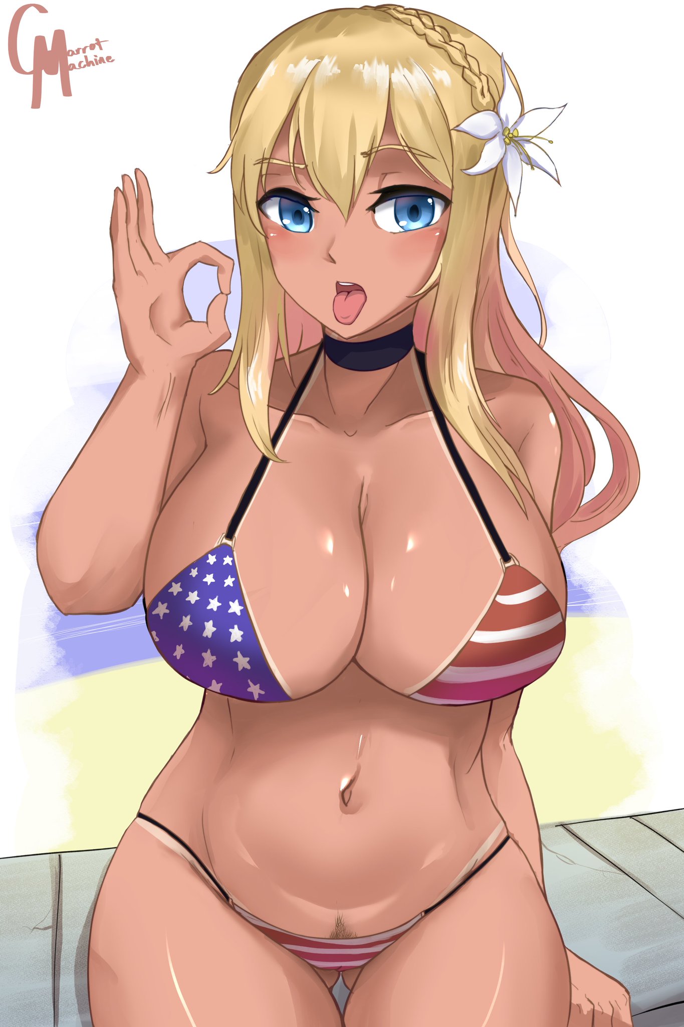 american flag bikini, bikini, blonde hair, blue eyes, carmach101, choker, crown braid, fellatio gesture, flower in hair, girls' frontline, mosin-nagant (girls' frontline), pubic hair peek, tan skin, tongue, tongue out