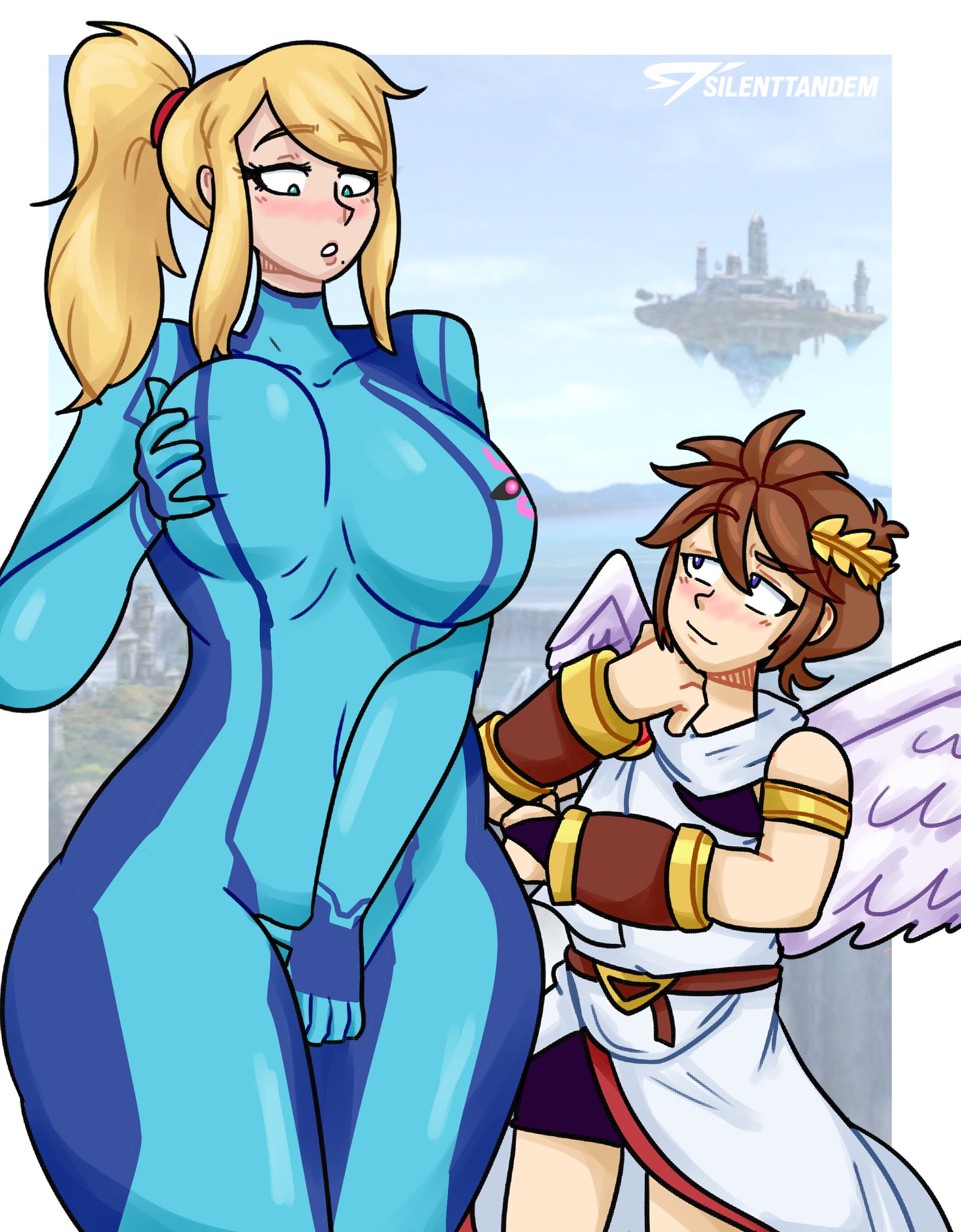 1boy, 1girls, artist signature, big breasts, blonde hair, blush, breasts, brown hair, commission, crossover, female, hand on breast, hand on crotch, kid icarus, looking at another, looking down, male, metroid, nintendo, pit, pit (kid icarus), ponytail, samus aran, silenttandem, wide hips, zero suit, zero suit samus