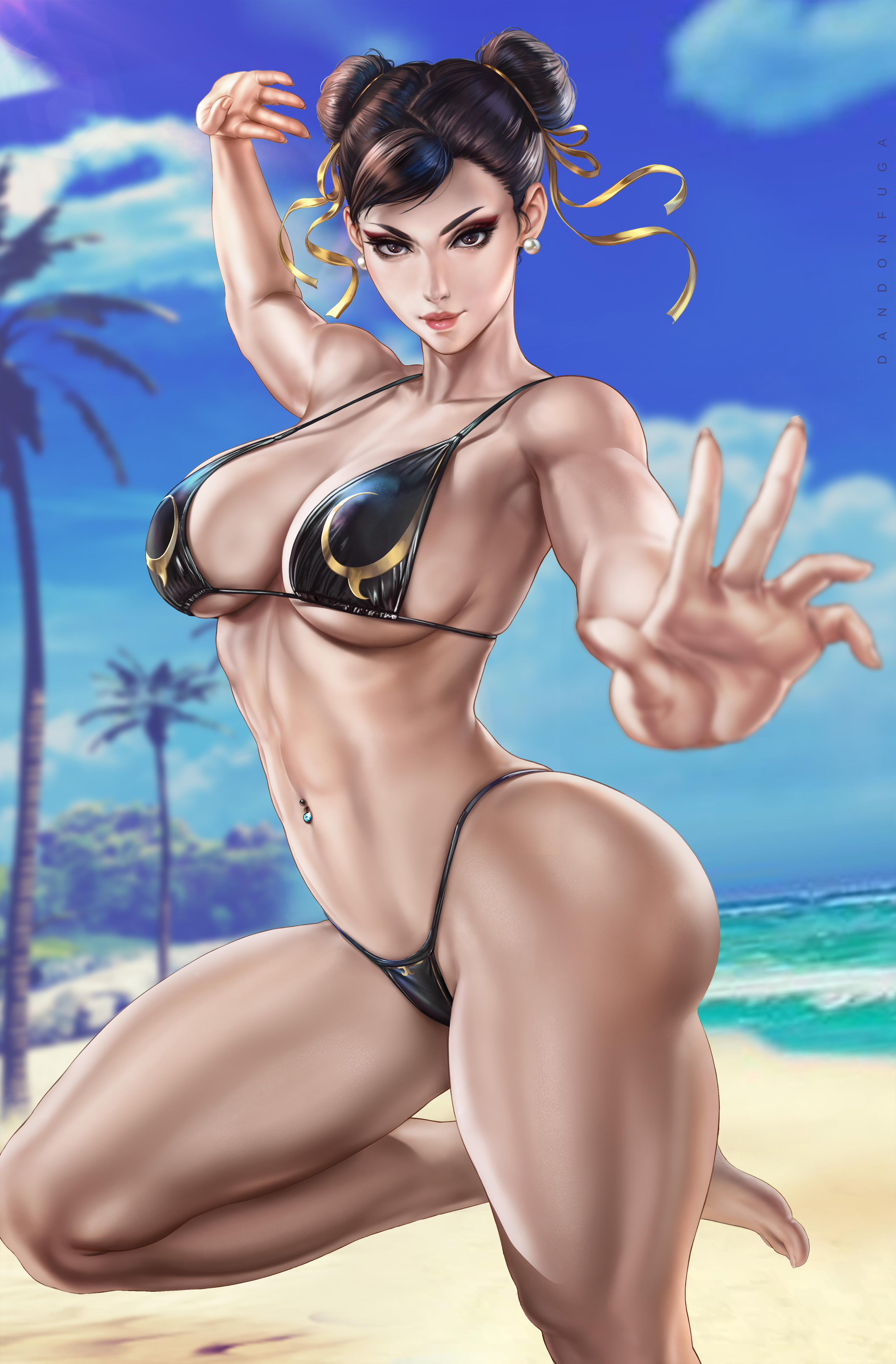 1girls, abs, absurd res, absurdres, action pose, arched back, asian, asian female, ass, bangs, bare arms, bare skin, bare stomach, bare thighs, barefoot, beach, big breasts, big thighs, bikini, bikini bottom, bikini top, black bikini, black bikini bottom, black bikini top, black bra, black clothes, black clothing, black panties, black underwear, bracelet, bracelets, breasts, brown eyes, brown hair, busty, capcom, cherry blossoms, child bearing hips, chun-li, cleavage, clothed, clothed female, clothing, dandon fuga, feet, female, female focus, female only, fit, fit female, hair bun, hair buns, high resolution, highres, hips, large breasts, large filesize, leg up, legs, legs up, light skin, light-skinned female, muscular, muscular female, navel piercing, one leg up, pale skin, pale-skinned female, palm tree, piercing, pose, posing, sand, sideboob, smile, solo, solo female, solo focus, standing, standing on one leg, stomach, street fighter, street fighter 6, summer, thick thighs, thighs, thunder thighs, toned, toned body, toned female, very high resolution